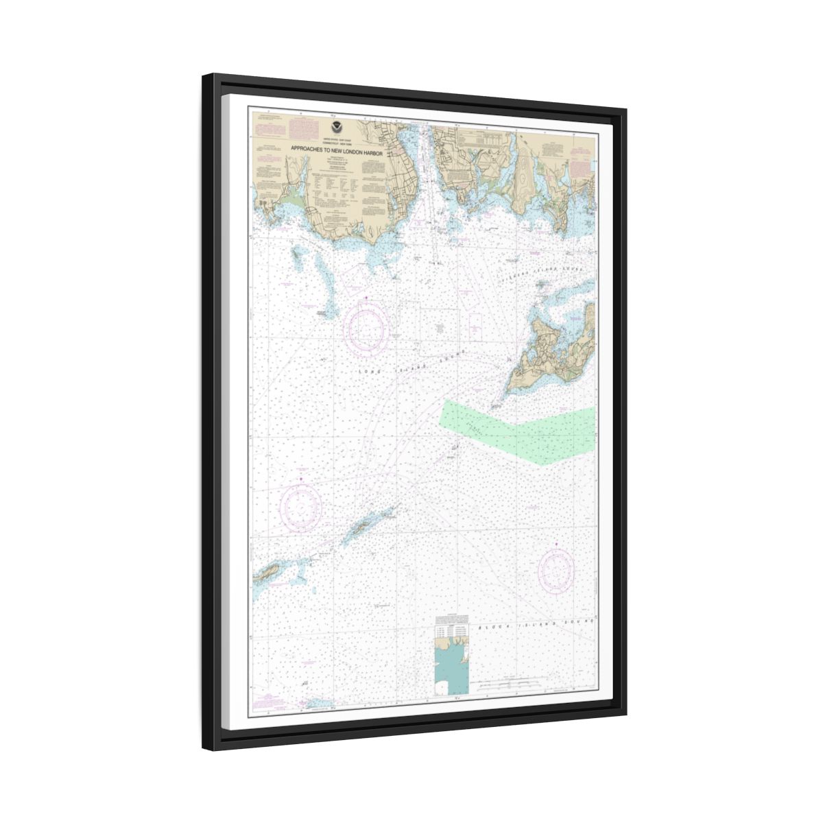 Chart 13212 Approaches to New London Harbor - NOAA Nautical Chart Floating Frame Canvas | 24" x 32" | 30" x 40" - Black side