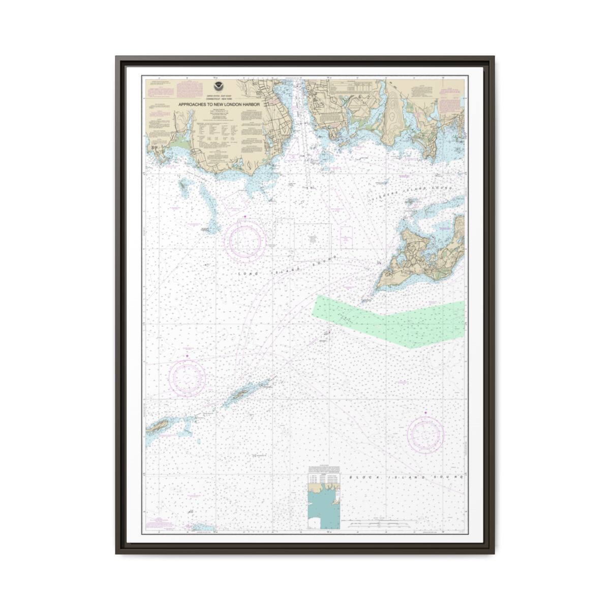 Chart 13212 Approaches to New London Harbor - NOAA Nautical Chart Floating Frame Canvas | 24" x 32" | 30" x 40" - Espresso front