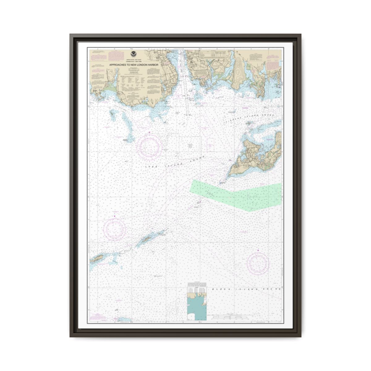 Chart 13212 Approaches to New London Harbor - NOAA Nautical Chart Floating Frame Canvas | 24" x 32" | 30" x 40" - Espresso front