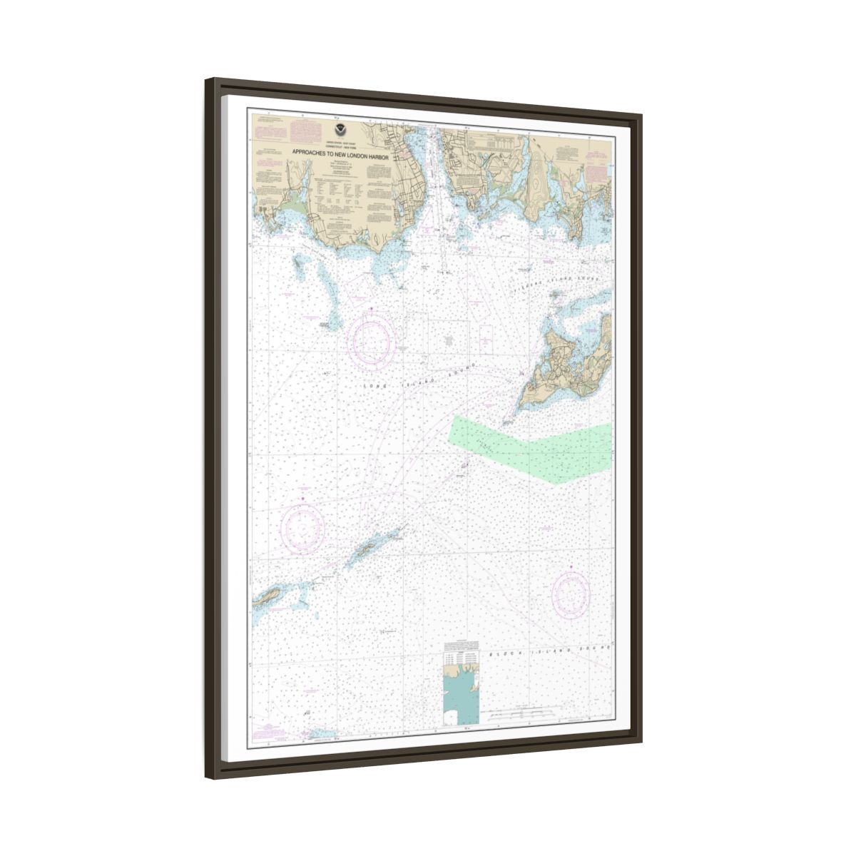 Chart 13212 Approaches to New London Harbor - NOAA Nautical Chart Floating Frame Canvas | 24" x 32" | 30" x 40" - Espresso side