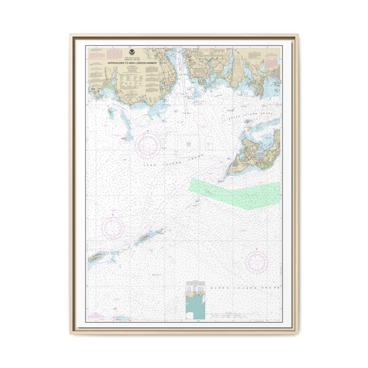 Chart 13212 Approaches to New London Harbor - NOAA Nautical Chart Floating Frame Canvas | 24" x 32" | 30" x 40" - Natural front