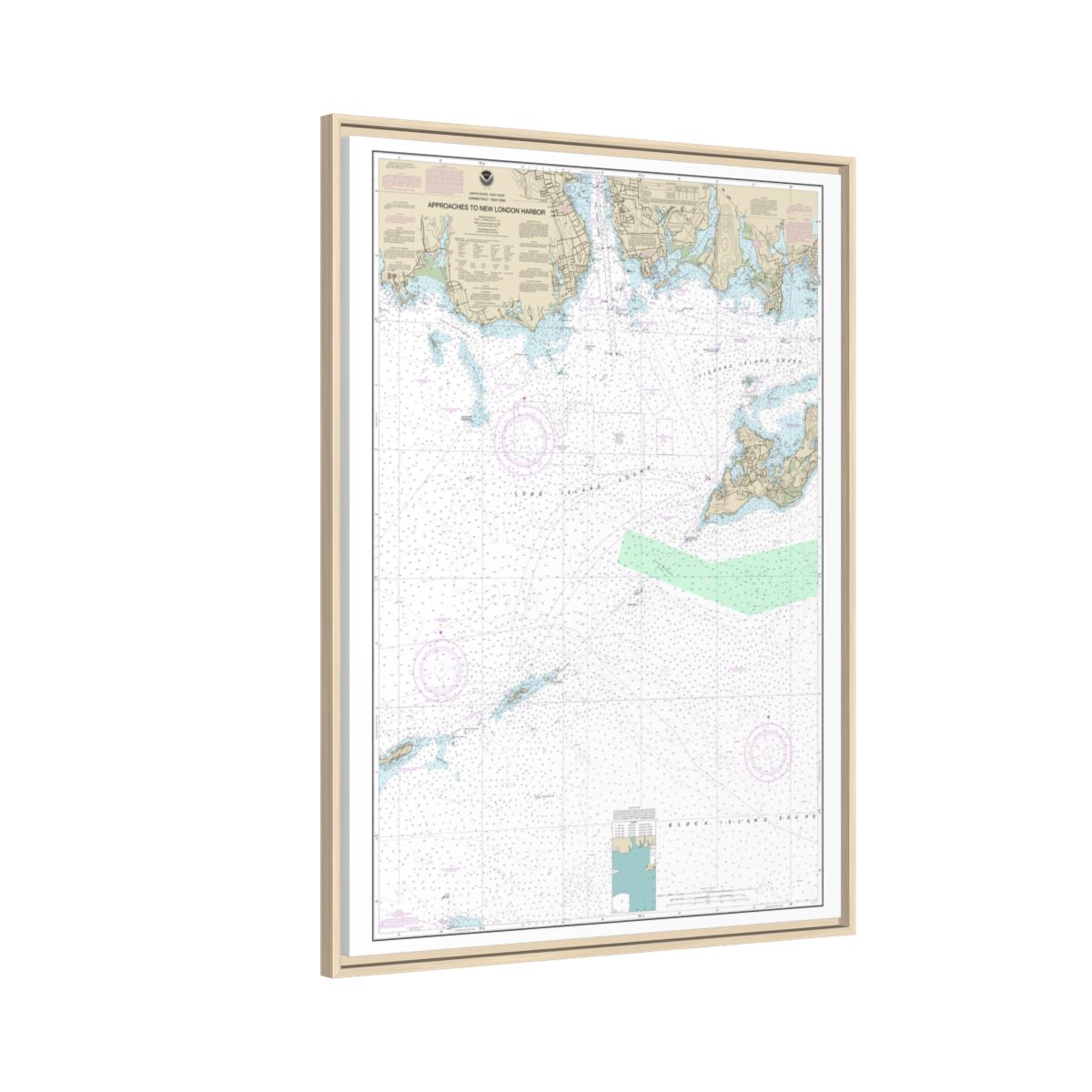 Chart 13212 Approaches to New London Harbor - NOAA Nautical Chart Floating Frame Canvas | 24" x 32" | 30" x 40" - Natural side