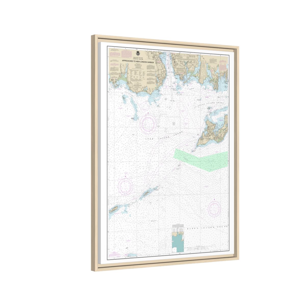 Chart 13212 Approaches to New London Harbor - NOAA Nautical Chart Floating Frame Canvas | 24" x 32" | 30" x 40" - Natural side