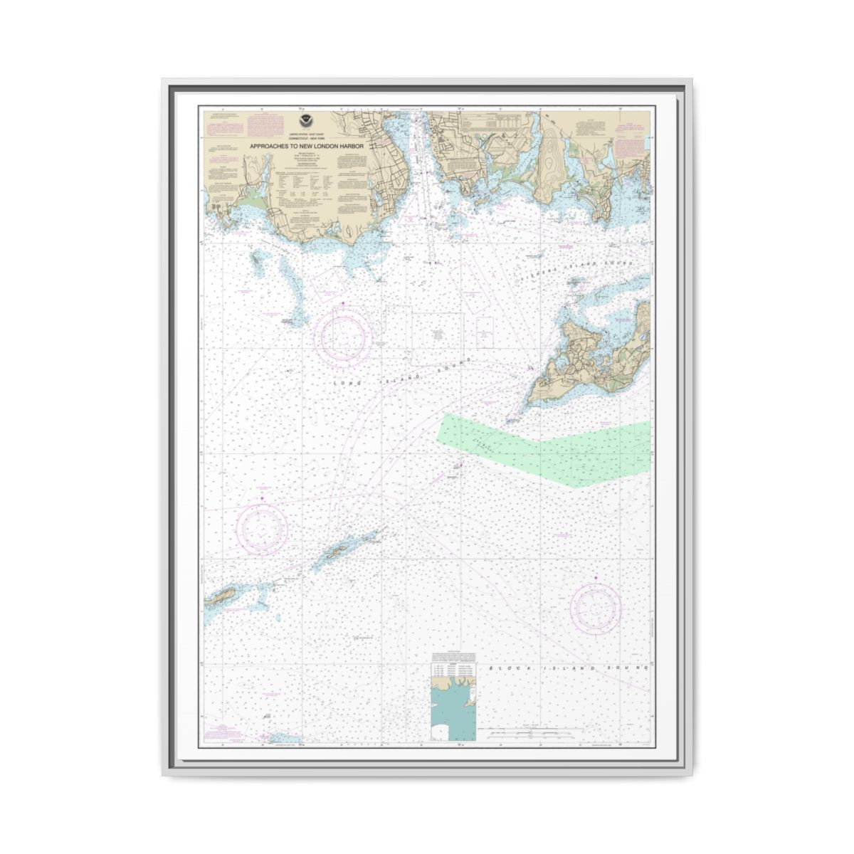 Chart 13212 Approaches to New London Harbor - NOAA Nautical Chart Floating Frame Canvas | 24" x 32" | 30" x 40" - White front