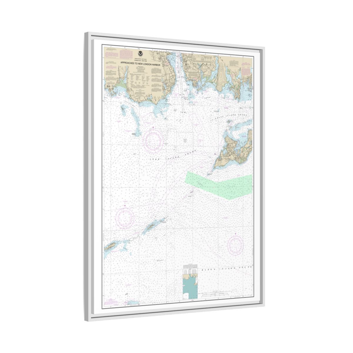 Chart 13212 Approaches to New London Harbor - NOAA Nautical Chart Floating Frame Canvas | 24" x 32" | 30" x 40" - White side