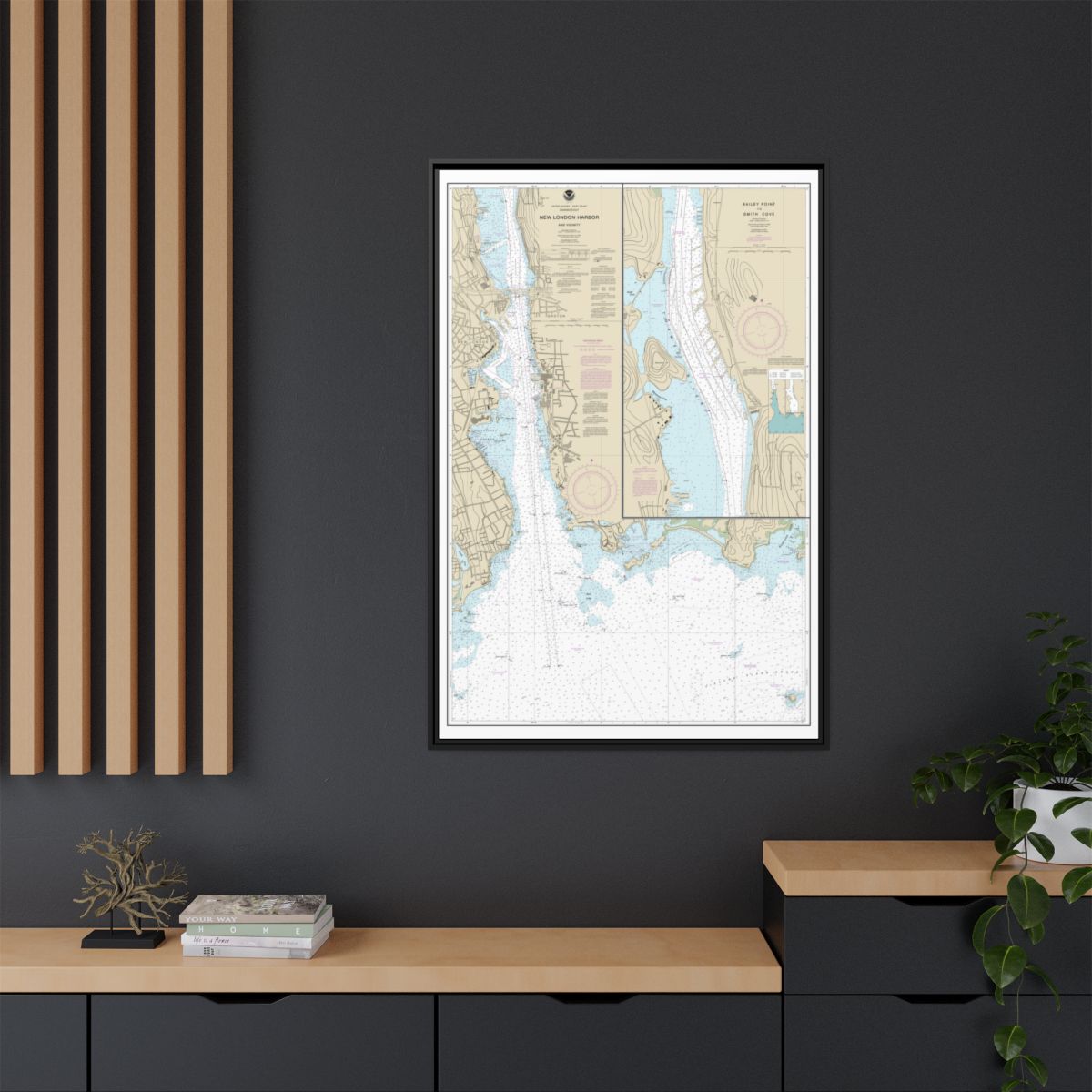Chart 13213 New London Harbor and vicinity;Bailey Point to Smith Cove - NOAA Nautical Chart Floating Frame Canvas | 20" x 30" | 24" x 36" | 32" x 48" - Black context-2