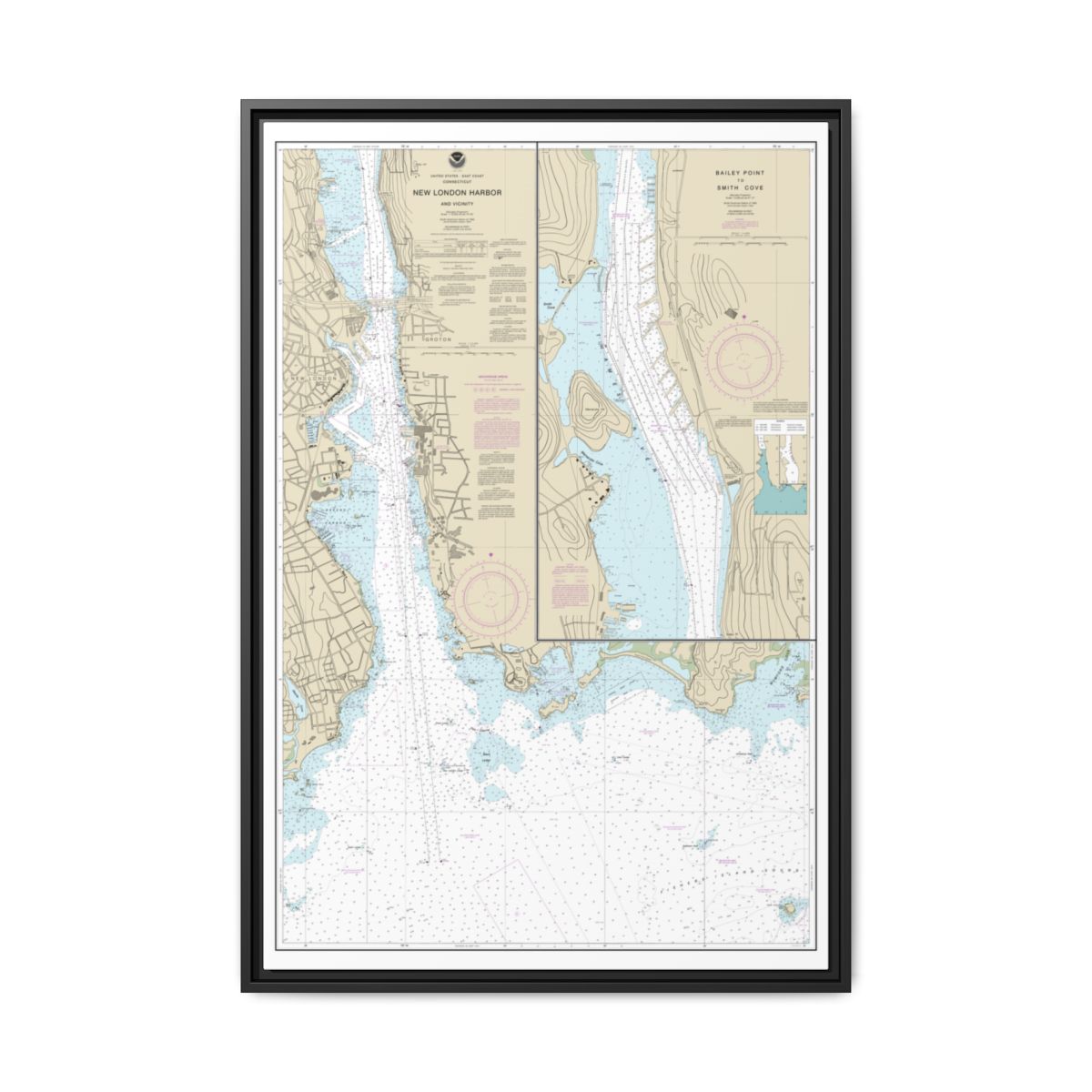Chart 13213 New London Harbor and vicinity;Bailey Point to Smith Cove - NOAA Nautical Chart Floating Frame Canvas | 20" x 30" | 24" x 36" | 32" x 48" - Black front