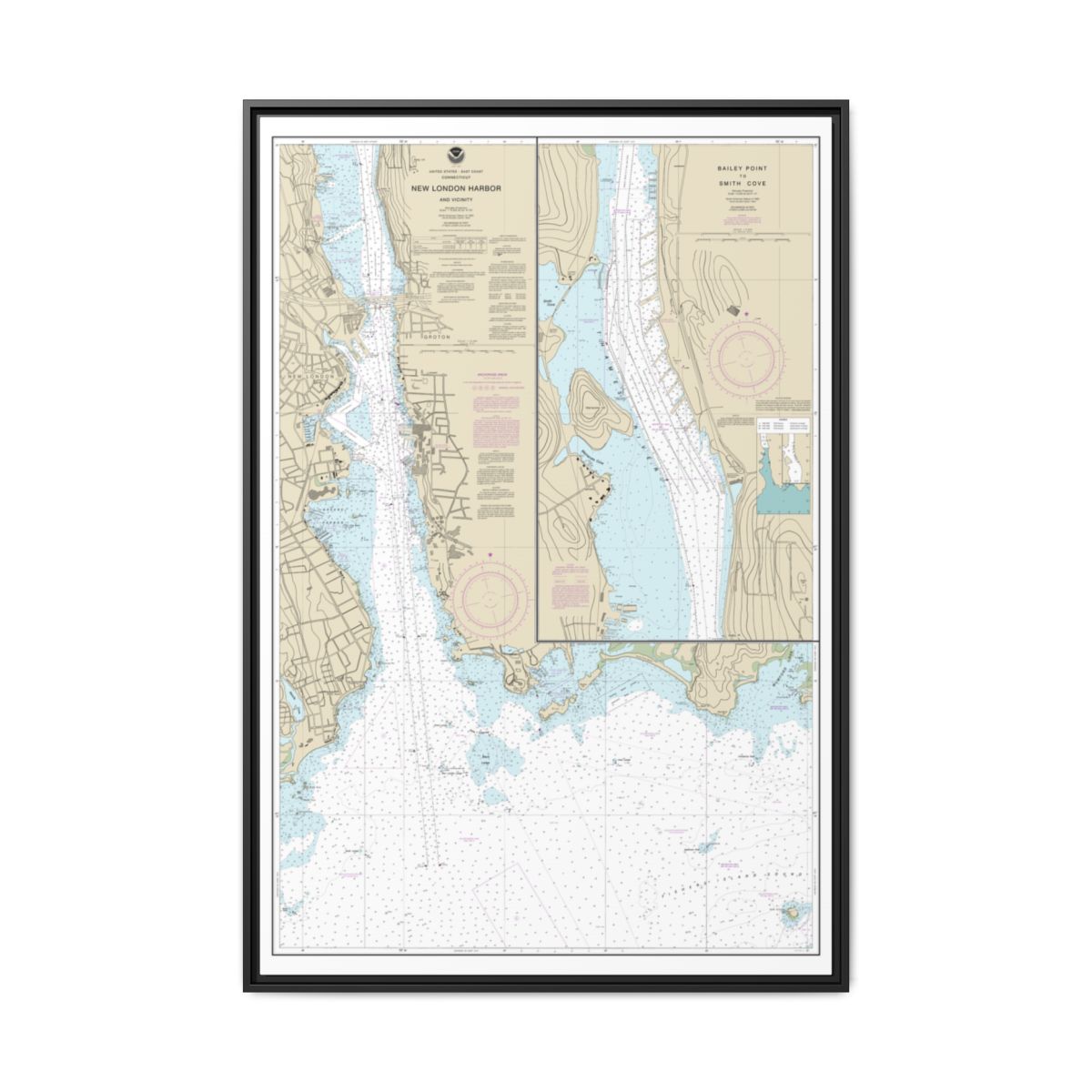 Chart 13213 New London Harbor and vicinity;Bailey Point to Smith Cove - NOAA Nautical Chart Floating Frame Canvas | 20" x 30" | 24" x 36" | 32" x 48" - Black front