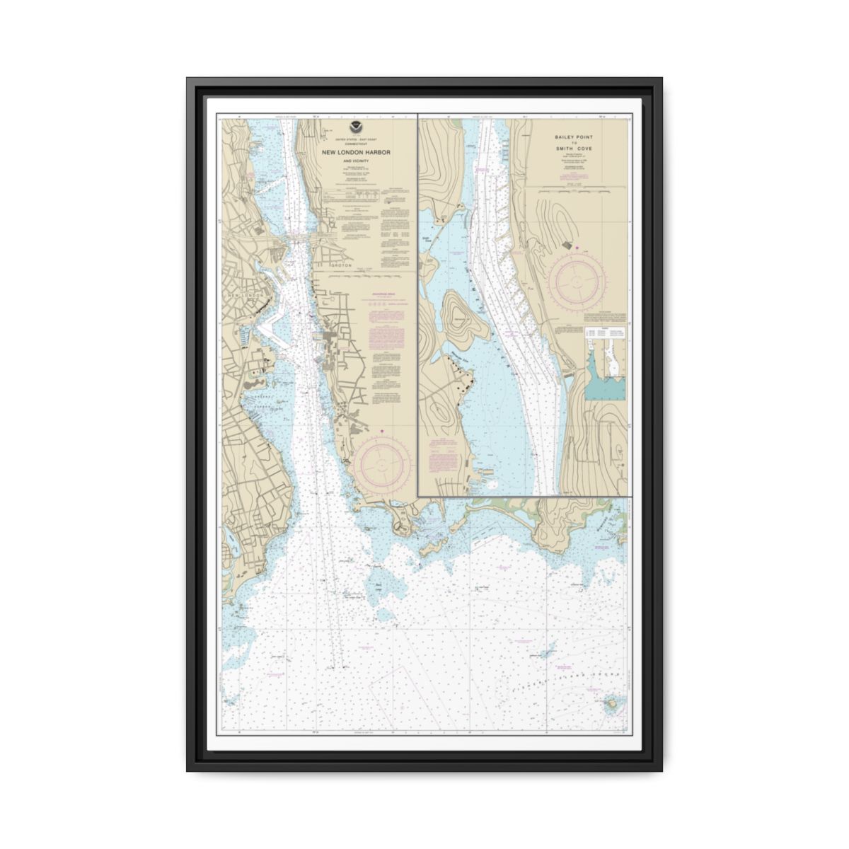Chart 13213 New London Harbor and vicinity;Bailey Point to Smith Cove - NOAA Nautical Chart Floating Frame Canvas | 20" x 30" | 24" x 36" | 32" x 48" - Black front