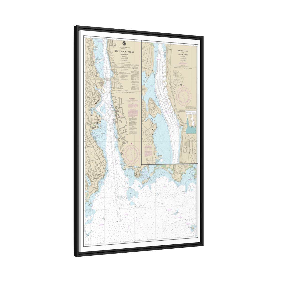 Chart 13213 New London Harbor and vicinity;Bailey Point to Smith Cove - NOAA Nautical Chart Floating Frame Canvas | 20" x 30" | 24" x 36" | 32" x 48" - Black side