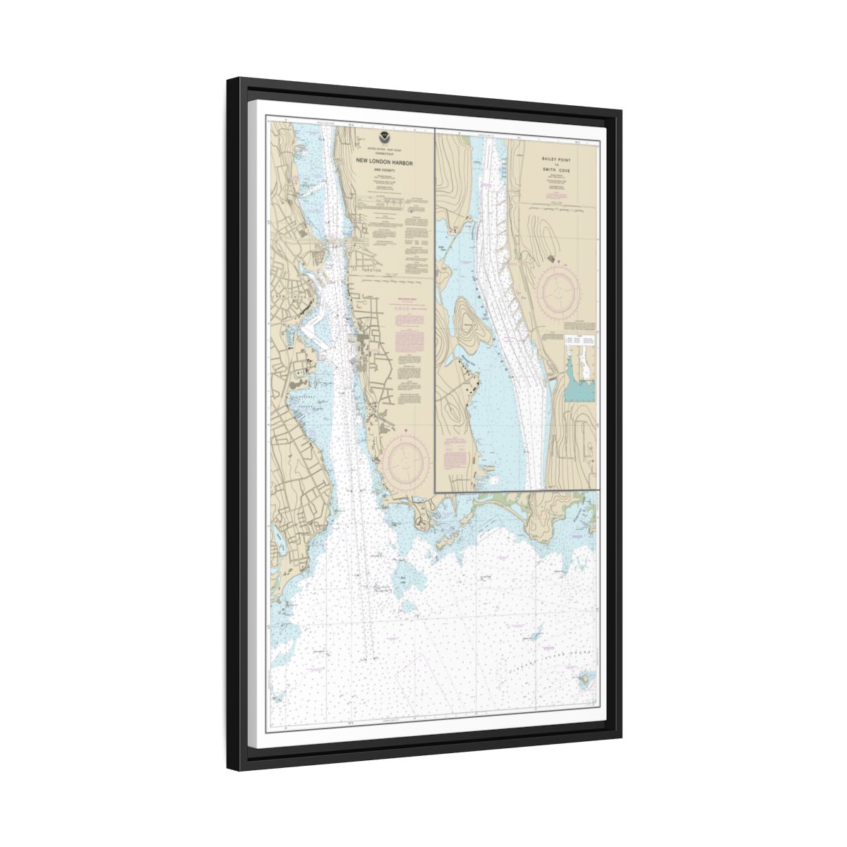 Chart 13213 New London Harbor and vicinity;Bailey Point to Smith Cove - NOAA Nautical Chart Floating Frame Canvas | 20" x 30" | 24" x 36" | 32" x 48" - Black side