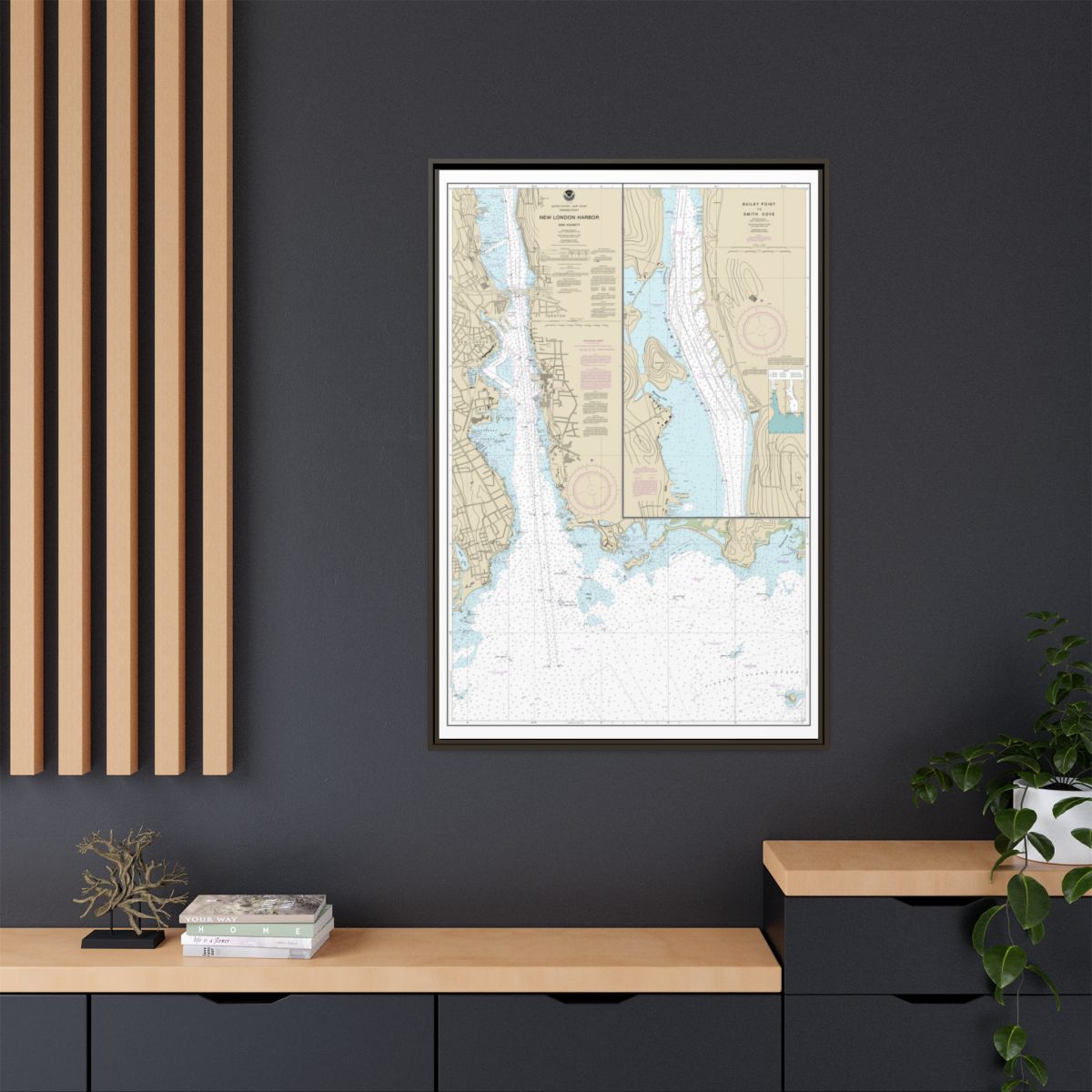 Chart 13213 New London Harbor and vicinity;Bailey Point to Smith Cove - NOAA Nautical Chart Floating Frame Canvas | 20" x 30" | 24" x 36" | 32" x 48" - Espresso context-2
