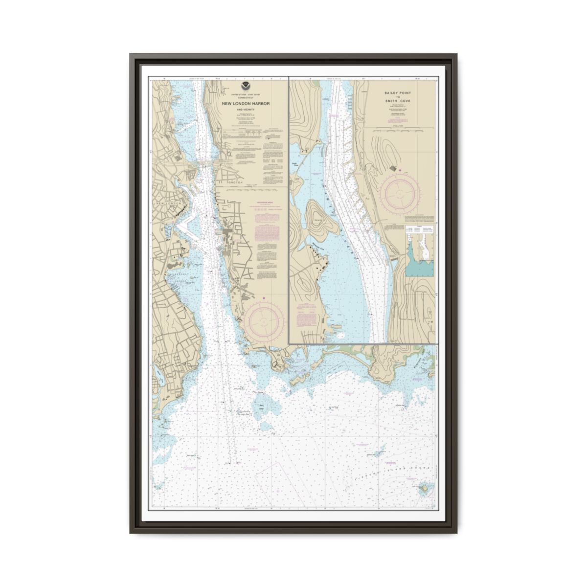 Chart 13213 New London Harbor and vicinity;Bailey Point to Smith Cove - NOAA Nautical Chart Floating Frame Canvas | 20" x 30" | 24" x 36" | 32" x 48" - Espresso front