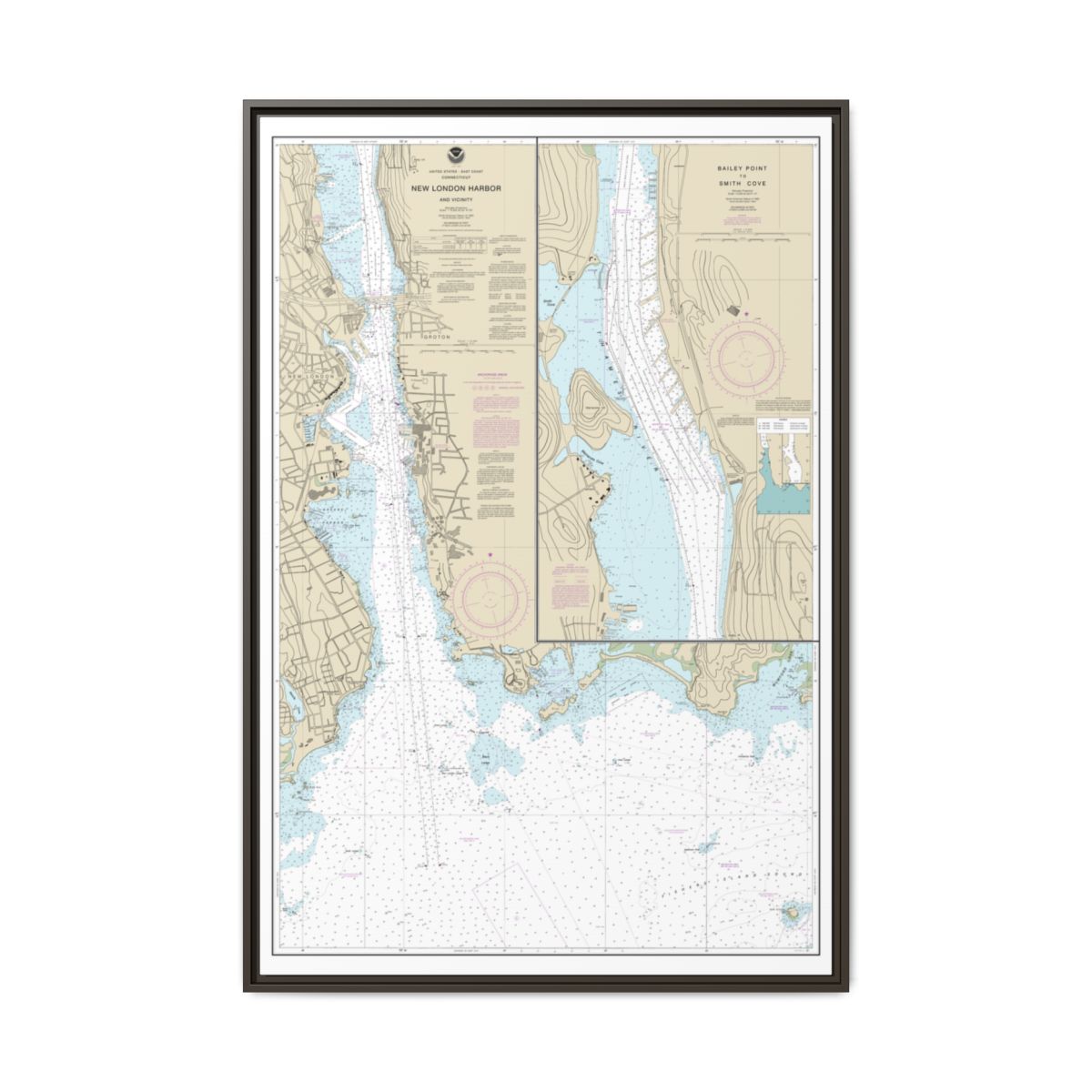 Chart 13213 New London Harbor and vicinity;Bailey Point to Smith Cove - NOAA Nautical Chart Floating Frame Canvas | 20" x 30" | 24" x 36" | 32" x 48" - Espresso front