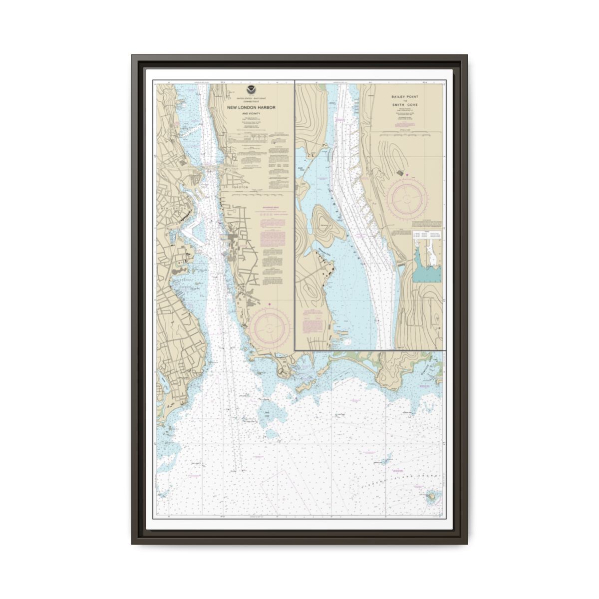 Chart 13213 New London Harbor and vicinity;Bailey Point to Smith Cove - NOAA Nautical Chart Floating Frame Canvas | 20" x 30" | 24" x 36" | 32" x 48" - Espresso front