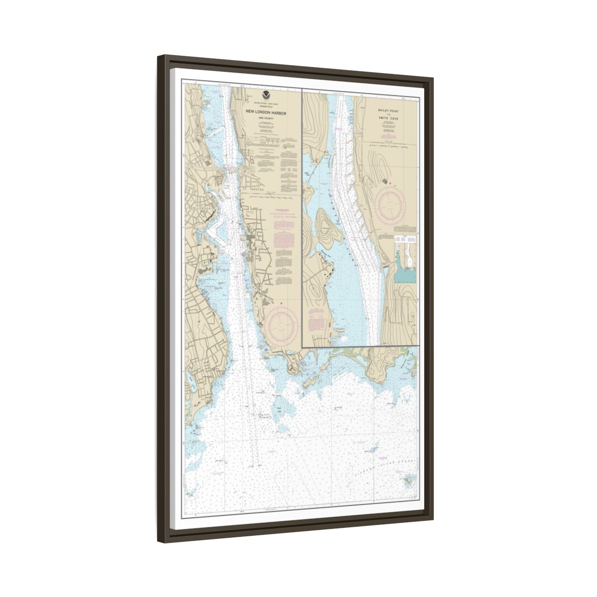 Chart 13213 New London Harbor and vicinity;Bailey Point to Smith Cove - NOAA Nautical Chart Floating Frame Canvas | 20" x 30" | 24" x 36" | 32" x 48" - Espresso side
