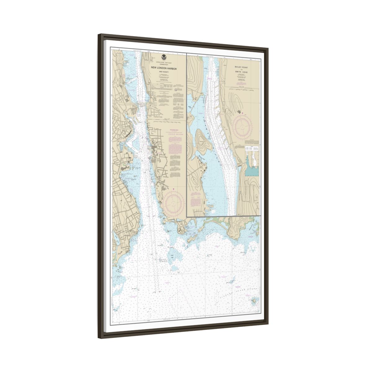 Chart 13213 New London Harbor and vicinity;Bailey Point to Smith Cove - NOAA Nautical Chart Floating Frame Canvas | 20" x 30" | 24" x 36" | 32" x 48" - Espresso side
