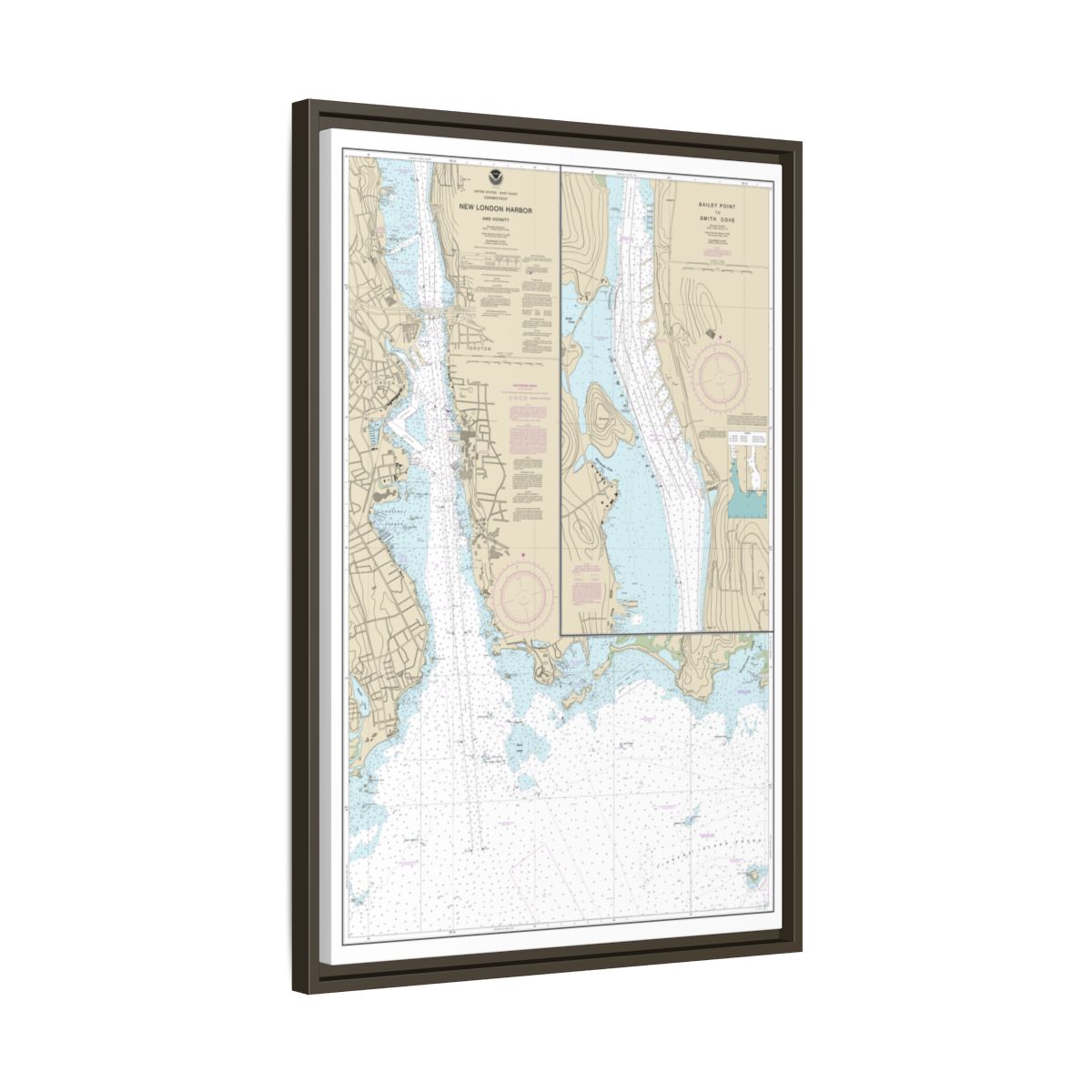 Chart 13213 New London Harbor and vicinity;Bailey Point to Smith Cove - NOAA Nautical Chart Floating Frame Canvas | 20" x 30" | 24" x 36" | 32" x 48" - Espresso side