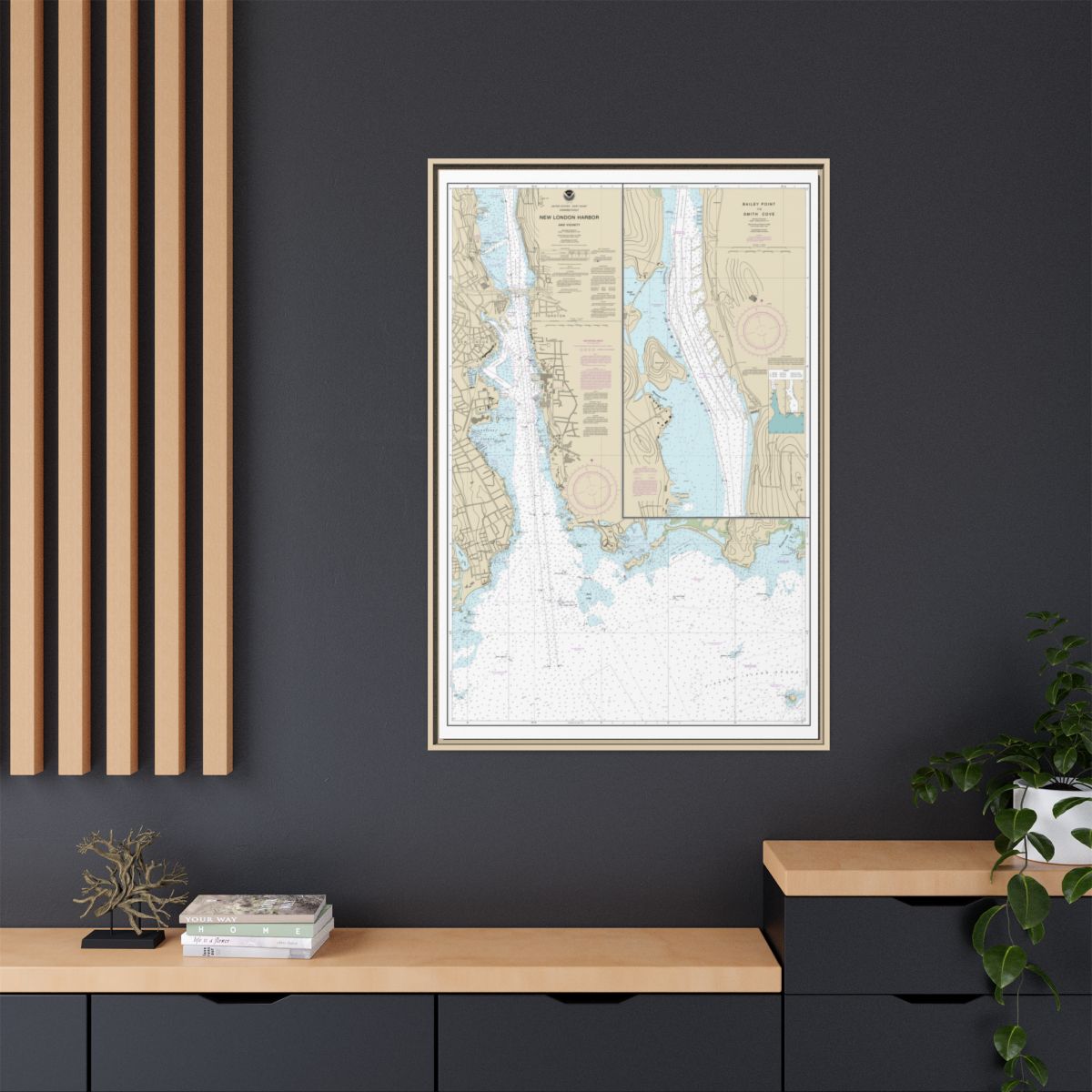 Chart 13213 New London Harbor and vicinity;Bailey Point to Smith Cove - NOAA Nautical Chart Floating Frame Canvas | 20" x 30" | 24" x 36" | 32" x 48" - Natural context-2