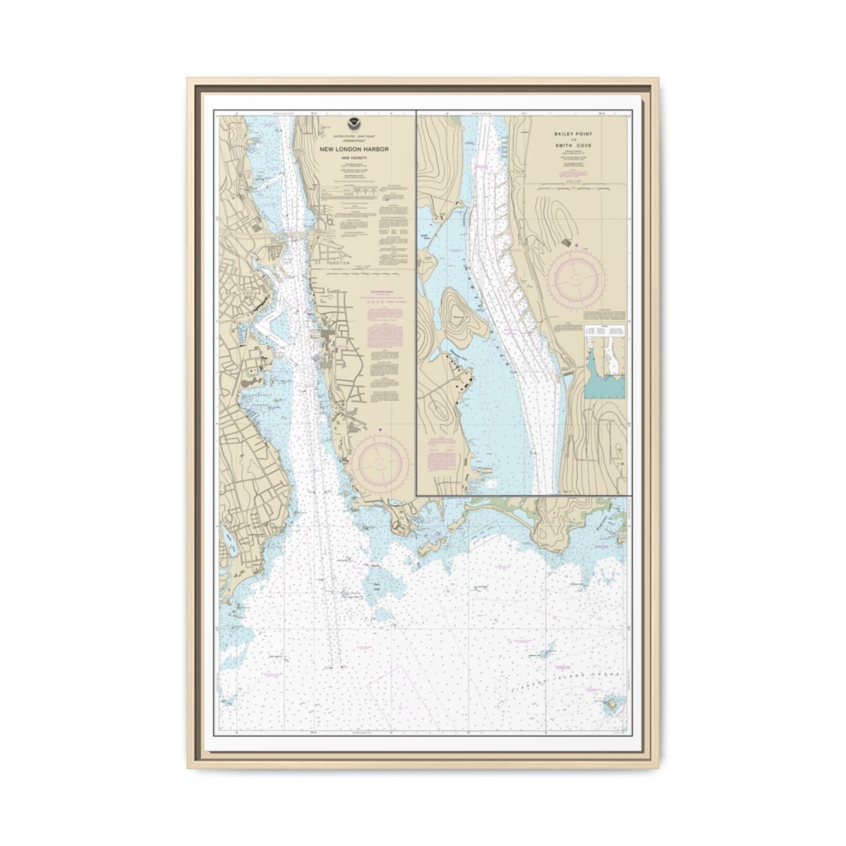 Chart 13213 New London Harbor and vicinity;Bailey Point to Smith Cove - NOAA Nautical Chart Floating Frame Canvas | 20" x 30" | 24" x 36" | 32" x 48" - Natural front