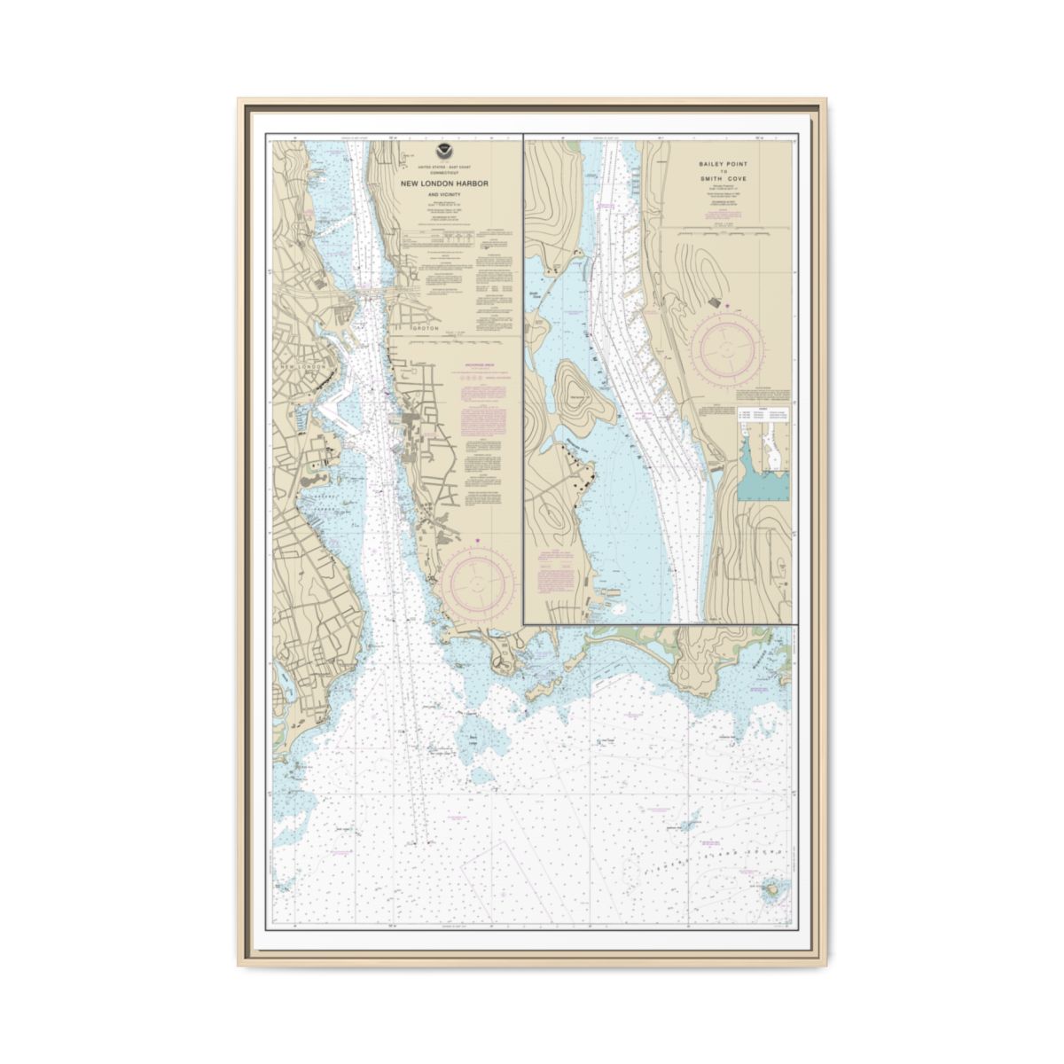 Chart 13213 New London Harbor and vicinity;Bailey Point to Smith Cove - NOAA Nautical Chart Floating Frame Canvas | 20" x 30" | 24" x 36" | 32" x 48" - Natural front