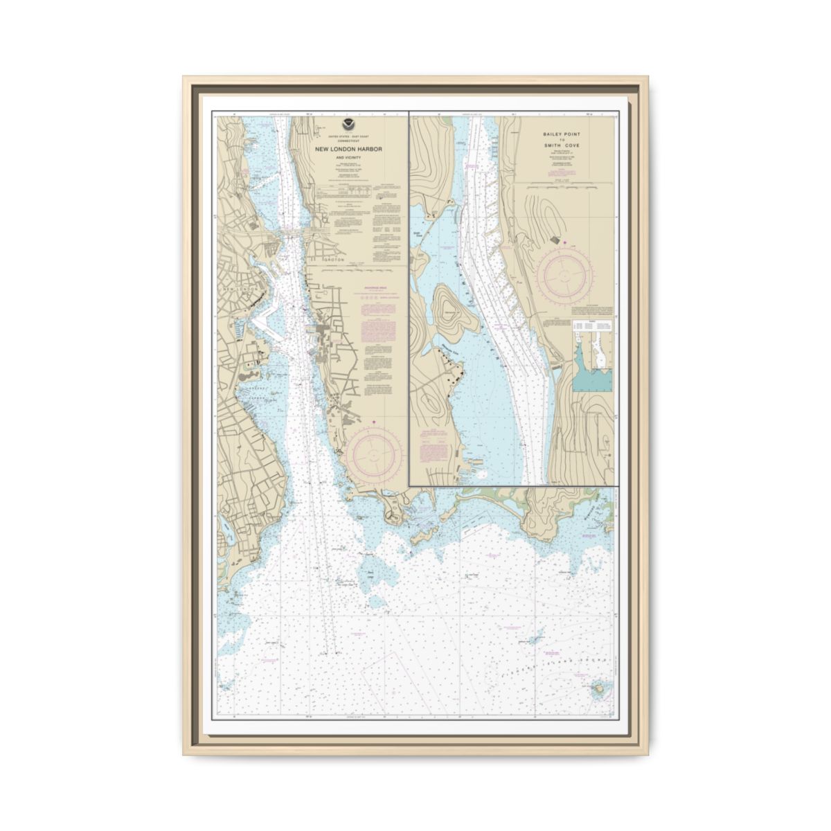 Chart 13213 New London Harbor and vicinity;Bailey Point to Smith Cove - NOAA Nautical Chart Floating Frame Canvas | 20" x 30" | 24" x 36" | 32" x 48" - Natural front