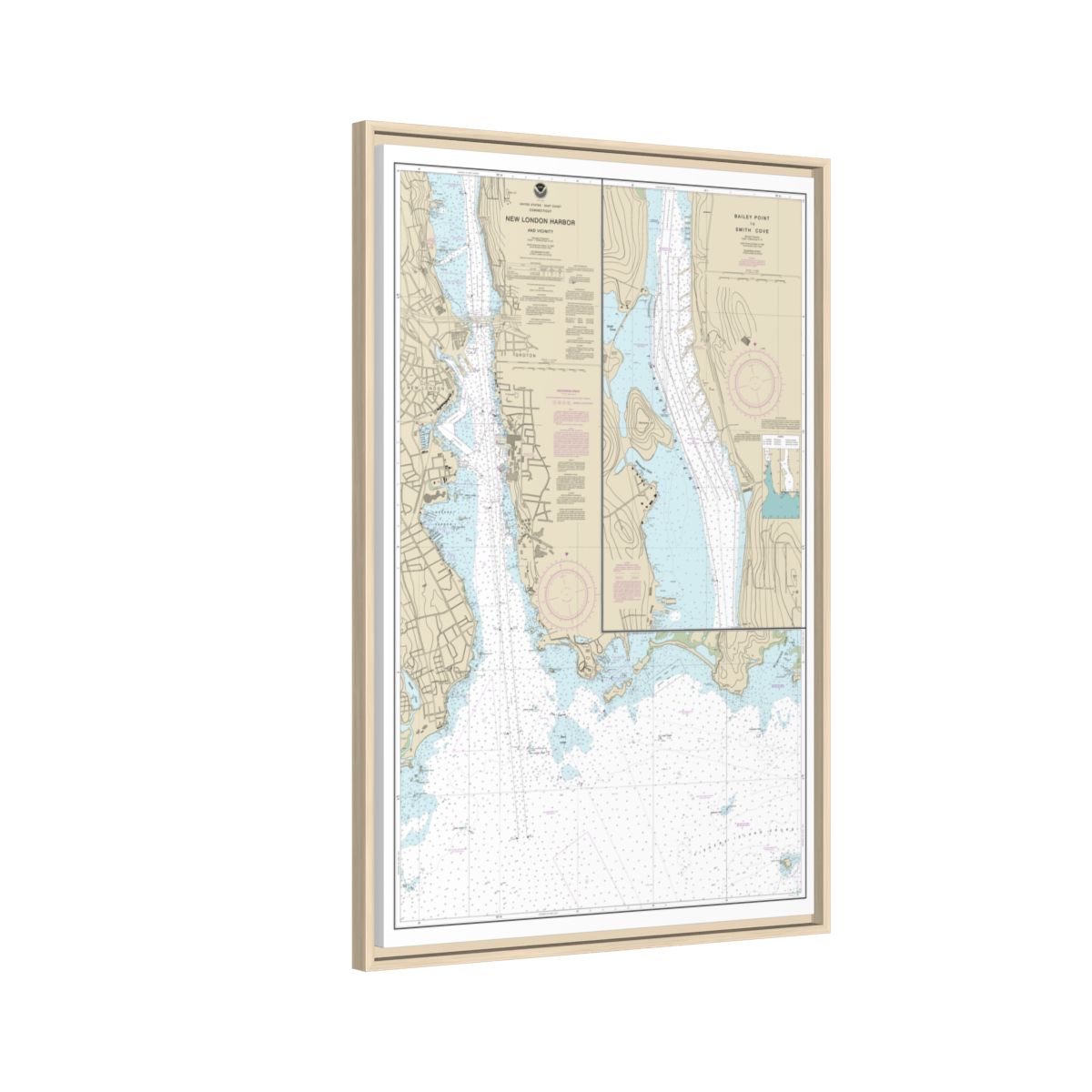 Chart 13213 New London Harbor and vicinity;Bailey Point to Smith Cove - NOAA Nautical Chart Floating Frame Canvas | 20" x 30" | 24" x 36" | 32" x 48" - Natural side
