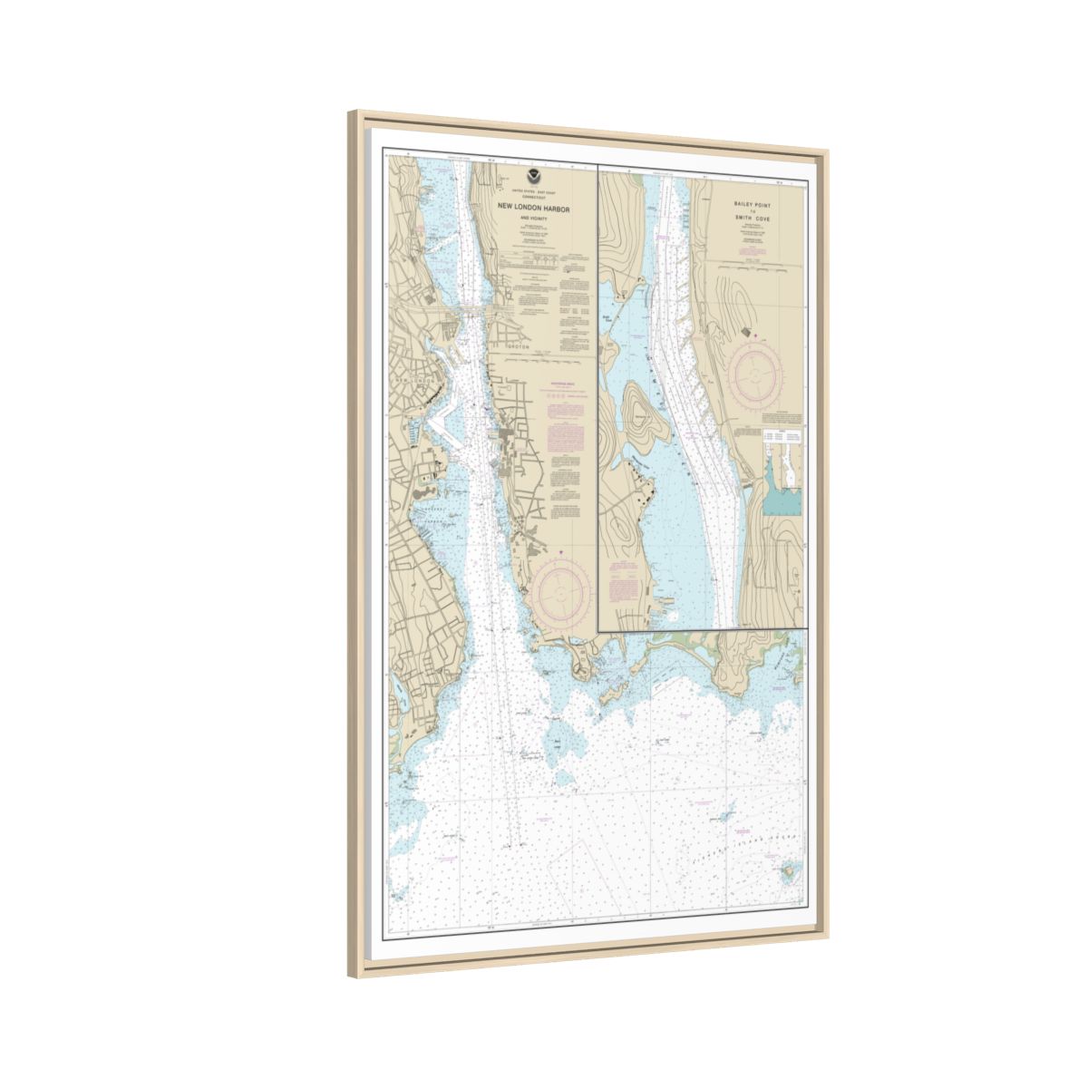 Chart 13213 New London Harbor and vicinity;Bailey Point to Smith Cove - NOAA Nautical Chart Floating Frame Canvas | 20" x 30" | 24" x 36" | 32" x 48" - Natural side