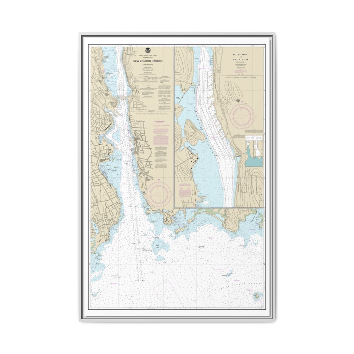Chart 13213 New London Harbor and vicinity;Bailey Point to Smith Cove - NOAA Nautical Chart Floating Frame Canvas | 20" x 30" | 24" x 36" | 32" x 48" - White front