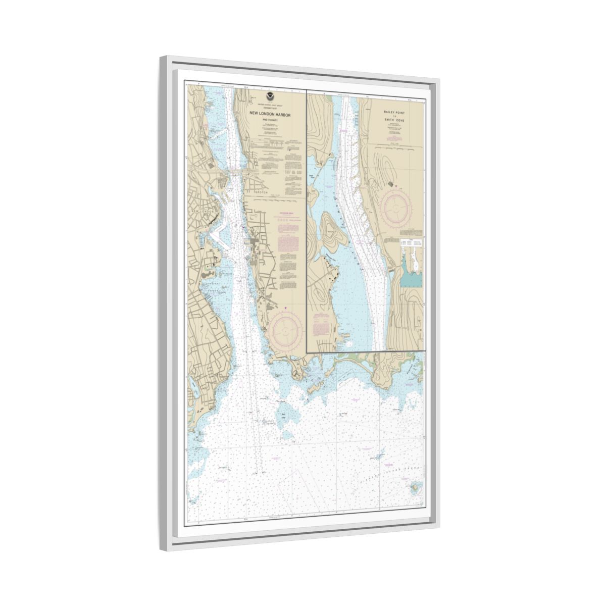 Chart 13213 New London Harbor and vicinity;Bailey Point to Smith Cove - NOAA Nautical Chart Floating Frame Canvas | 20" x 30" | 24" x 36" | 32" x 48" - White side