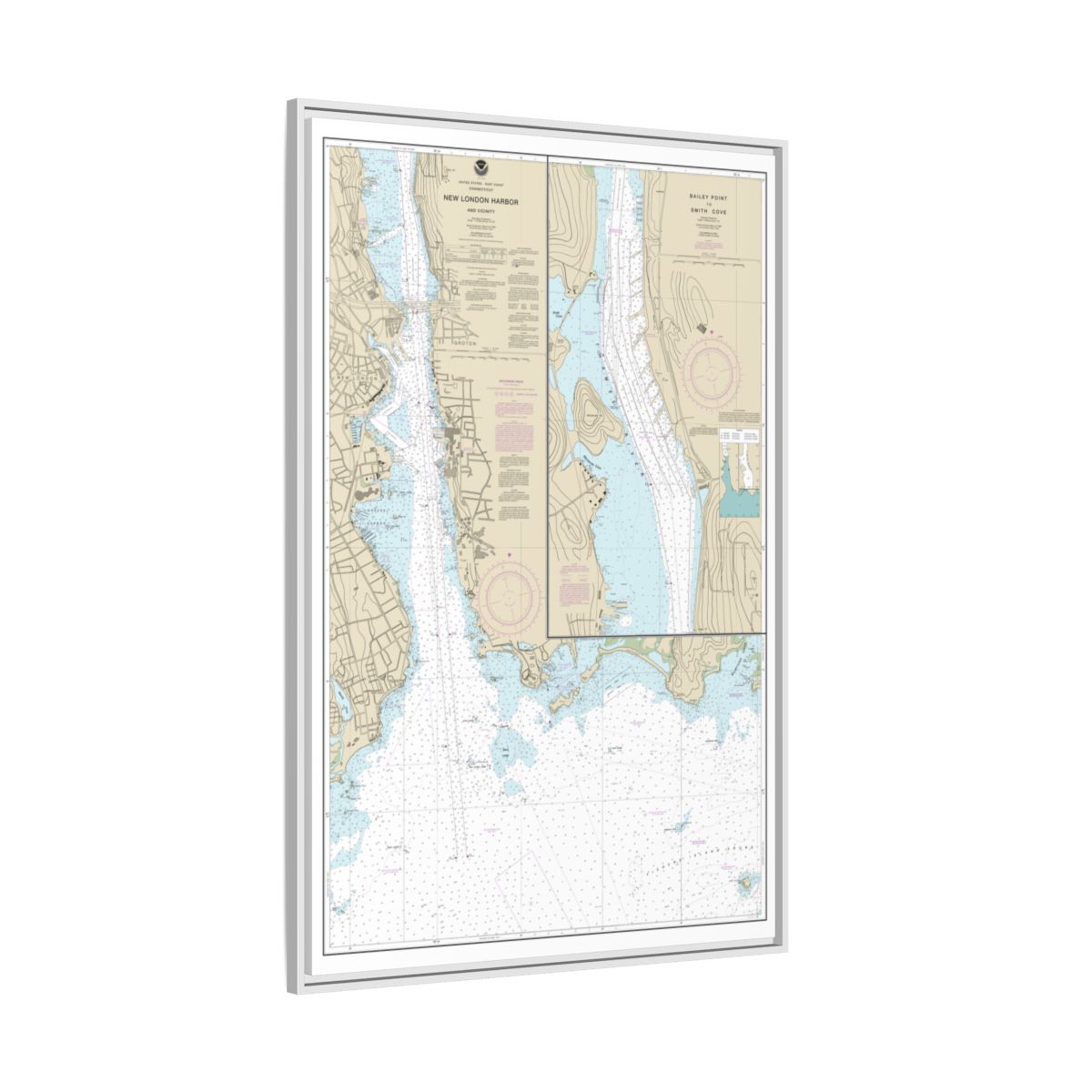 Chart 13213 New London Harbor and vicinity;Bailey Point to Smith Cove - NOAA Nautical Chart Floating Frame Canvas | 20" x 30" | 24" x 36" | 32" x 48" - White side