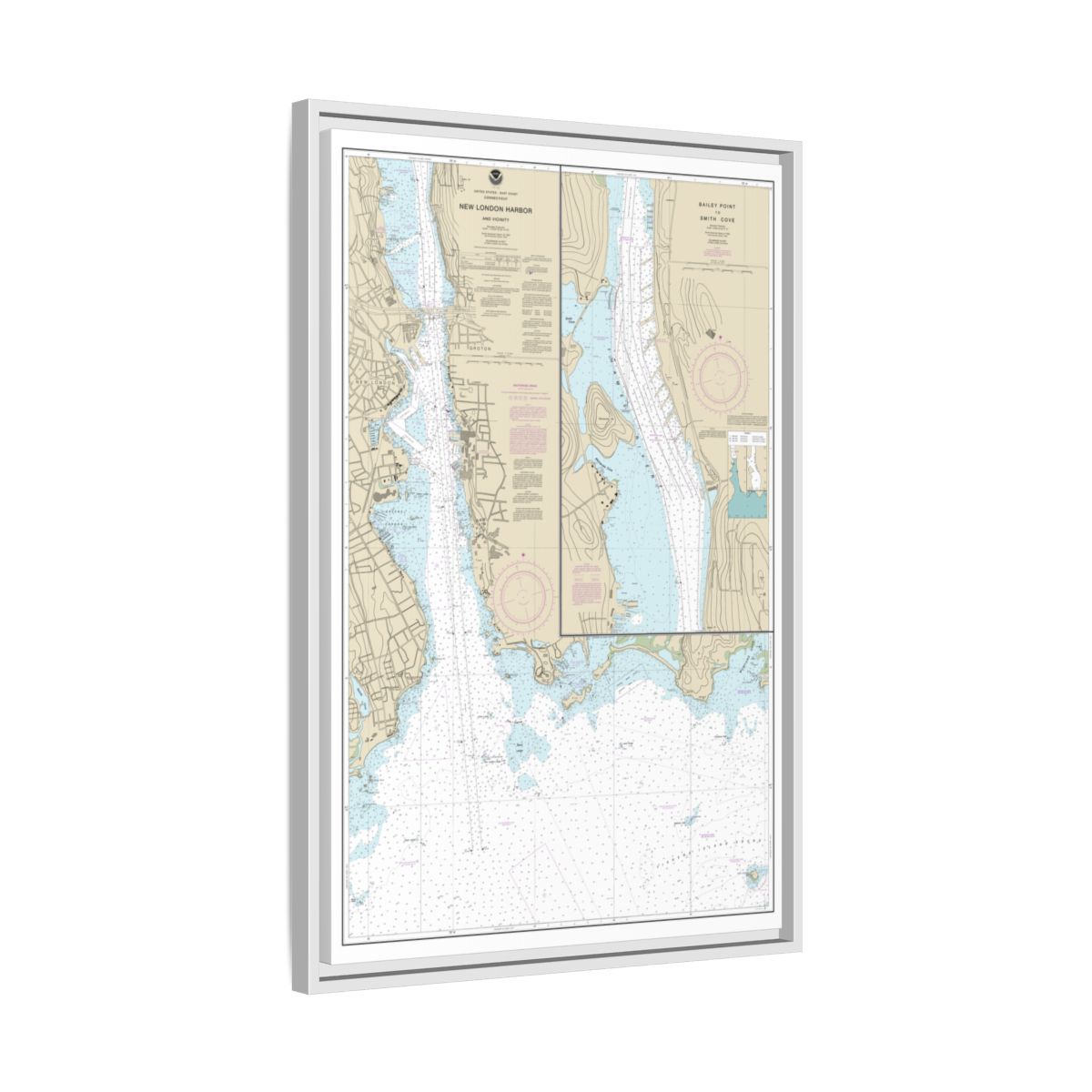 Chart 13213 New London Harbor and vicinity;Bailey Point to Smith Cove - NOAA Nautical Chart Floating Frame Canvas | 20" x 30" | 24" x 36" | 32" x 48" - White side