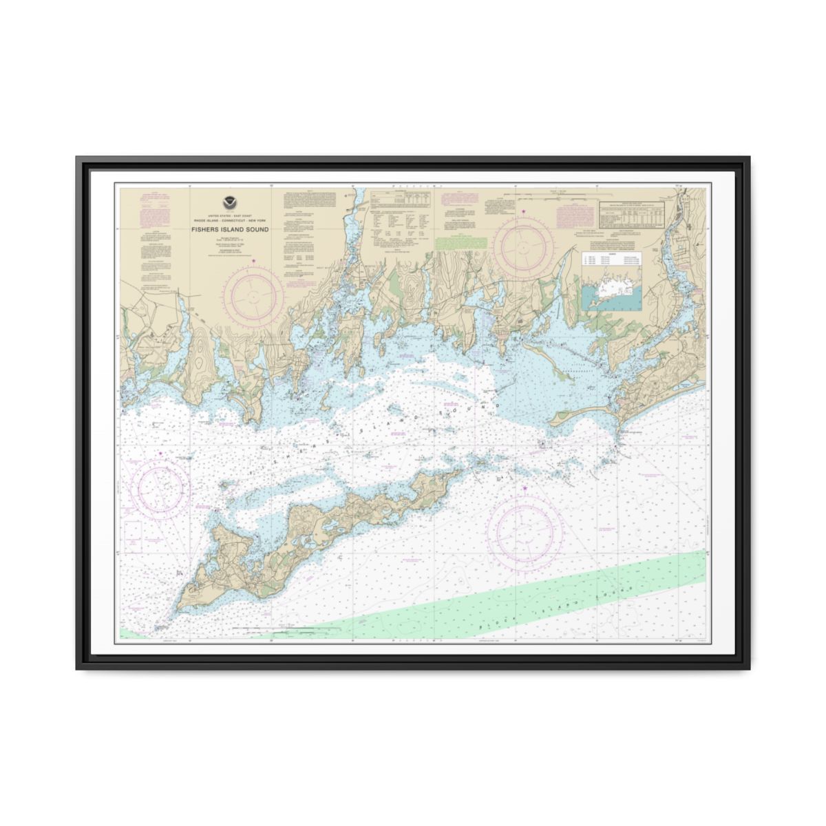 Chart 13214 Fishers Island Sound - NOAA Nautical Chart Floating Frame Canvas | 32" x 24" | 40" x 30" - Black front