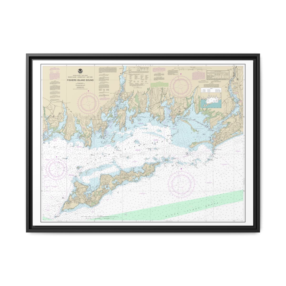 Chart 13214 Fishers Island Sound - NOAA Nautical Chart Floating Frame Canvas | 32" x 24" | 40" x 30" - Black front