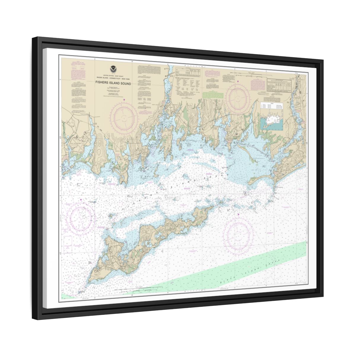 Chart 13214 Fishers Island Sound - NOAA Nautical Chart Floating Frame Canvas | 32" x 24" | 40" x 30" - Black side