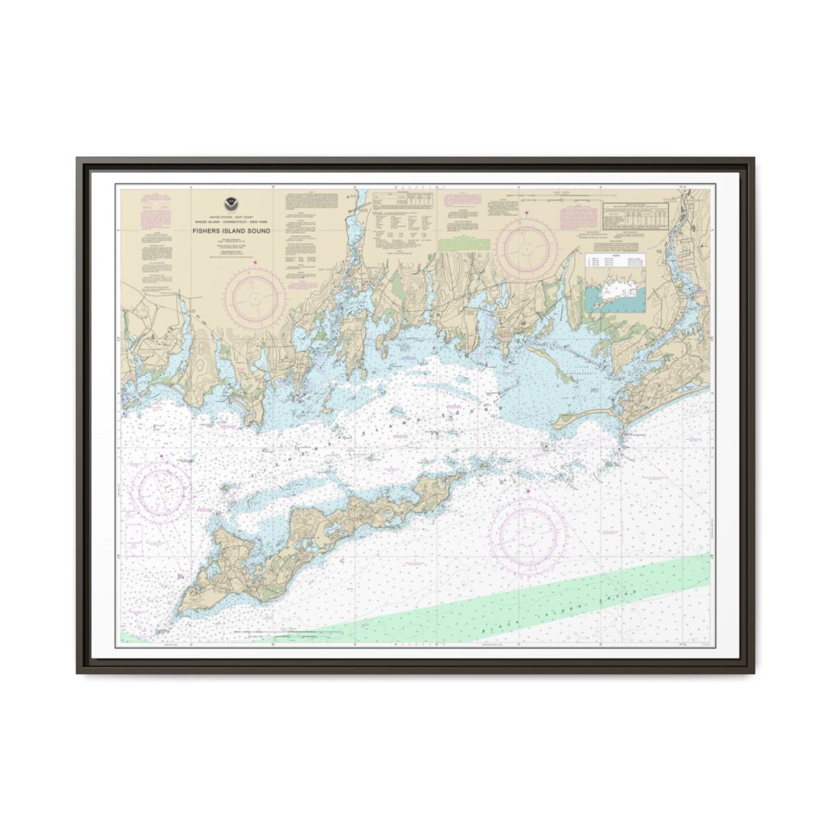 Chart 13214 Fishers Island Sound - NOAA Nautical Chart Floating Frame Canvas | 32" x 24" | 40" x 30" - Espresso front
