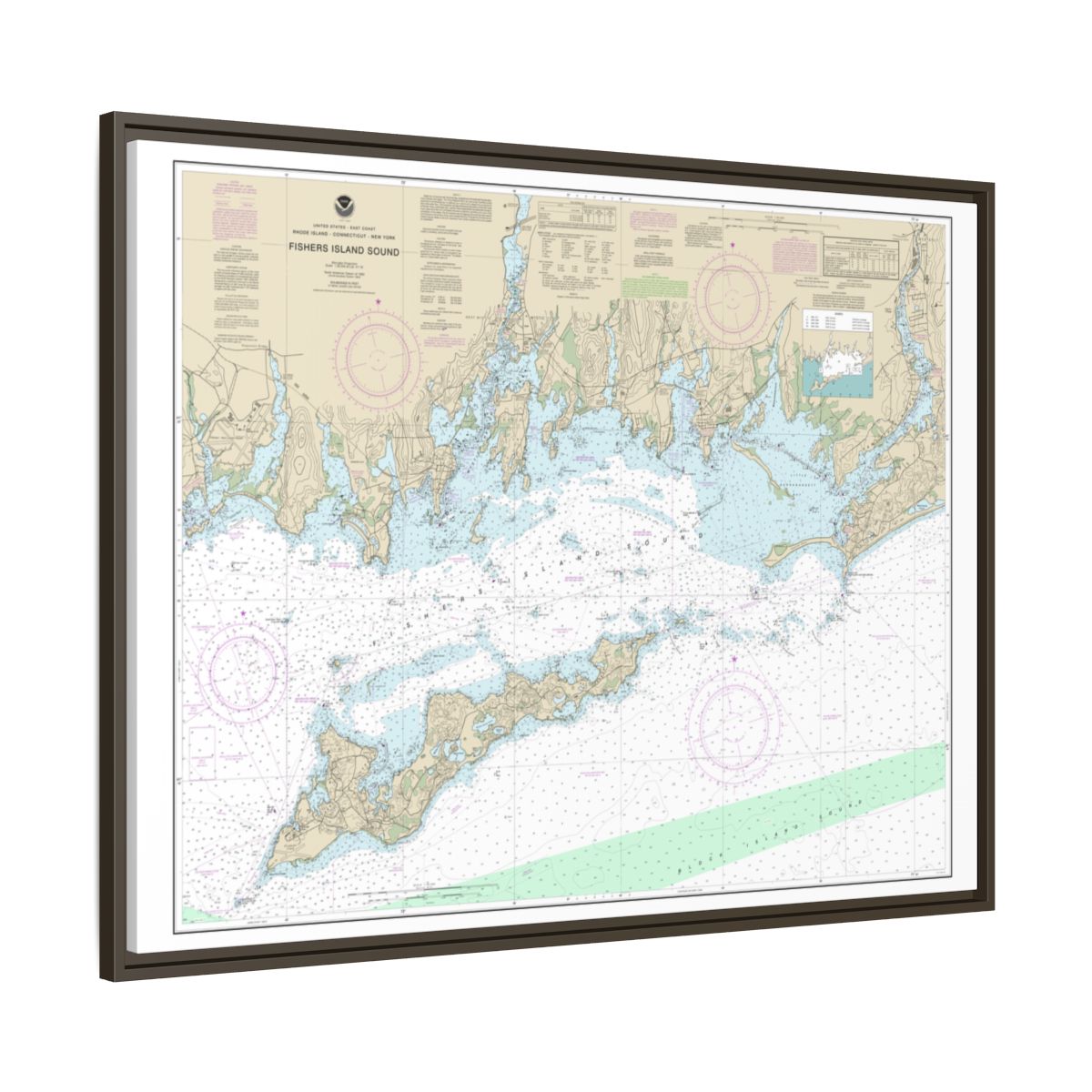 Chart 13214 Fishers Island Sound - NOAA Nautical Chart Floating Frame Canvas | 32" x 24" | 40" x 30" - Espresso side