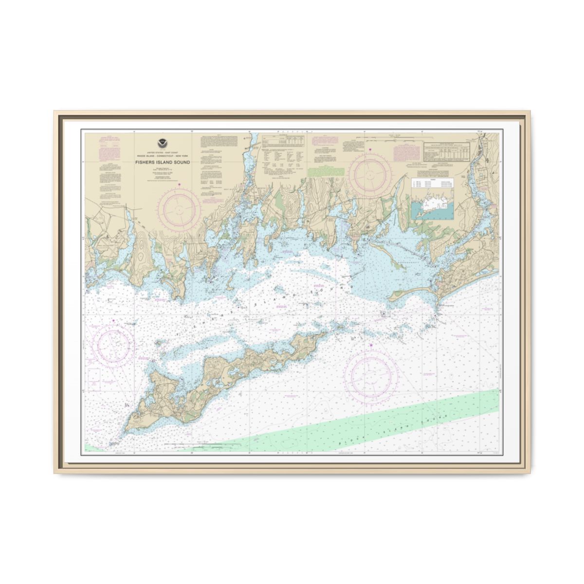 Chart 13214 Fishers Island Sound - NOAA Nautical Chart Floating Frame Canvas | 32" x 24" | 40" x 30" - Natural front
