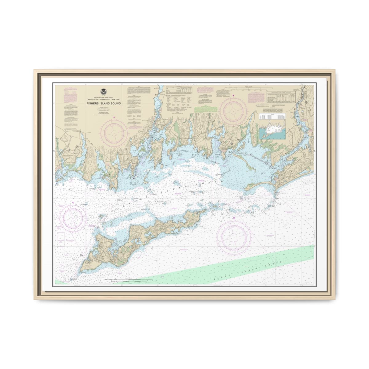 Chart 13214 Fishers Island Sound - NOAA Nautical Chart Floating Frame Canvas | 32" x 24" | 40" x 30" - Natural front