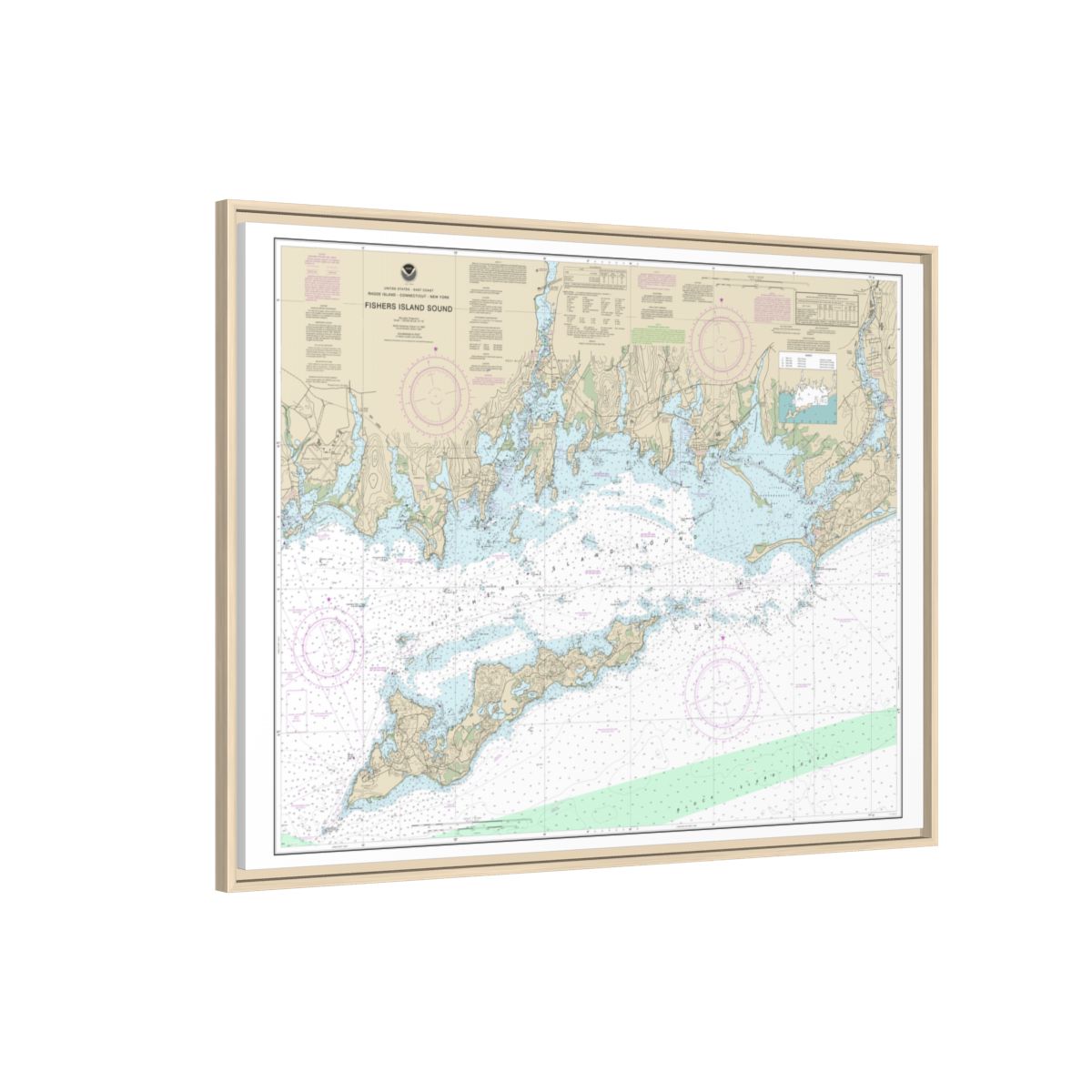 Chart 13214 Fishers Island Sound - NOAA Nautical Chart Floating Frame Canvas | 32" x 24" | 40" x 30" - Natural side