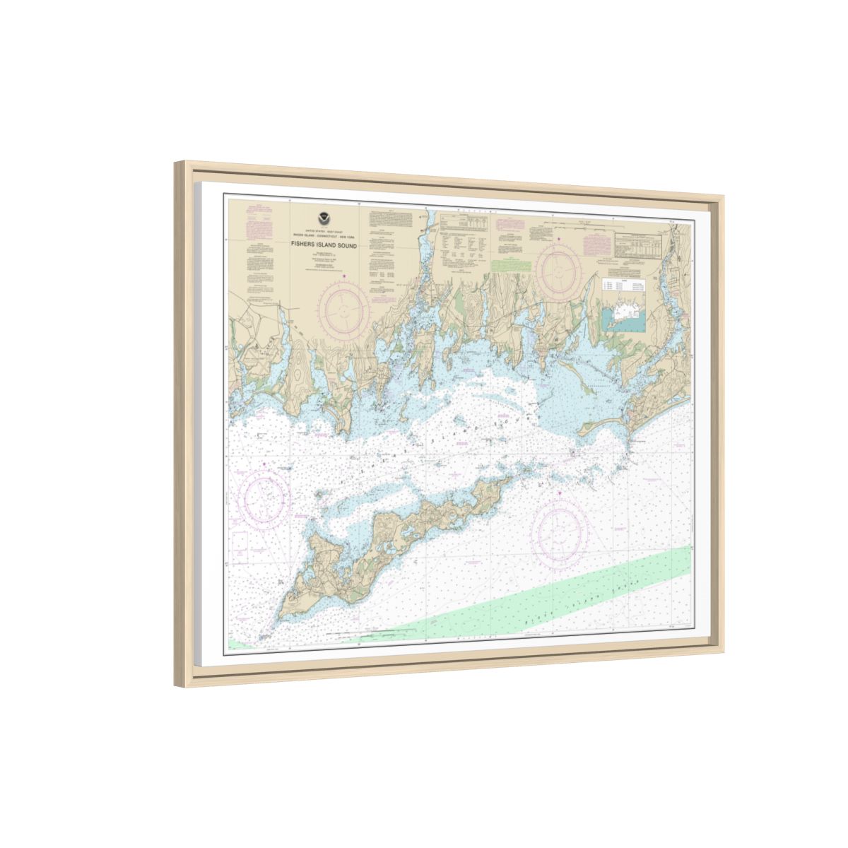 Chart 13214 Fishers Island Sound - NOAA Nautical Chart Floating Frame Canvas | 32" x 24" | 40" x 30" - Natural side