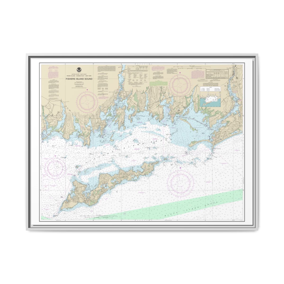 Chart 13214 Fishers Island Sound - NOAA Nautical Chart Floating Frame Canvas | 32" x 24" | 40" x 30" - White front
