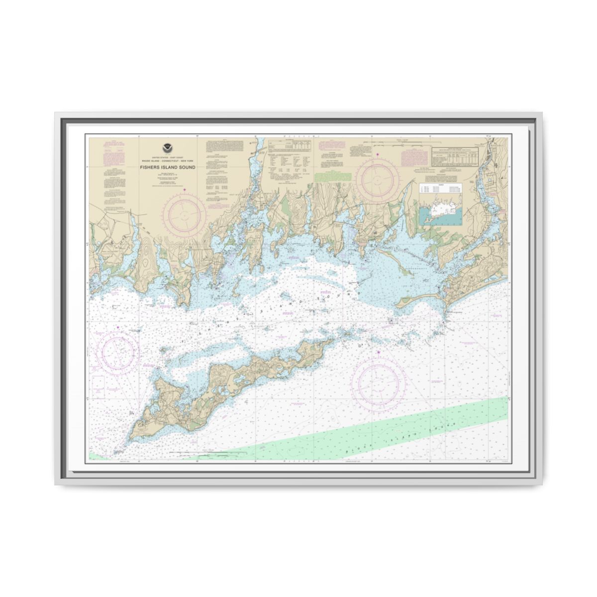 Chart 13214 Fishers Island Sound - NOAA Nautical Chart Floating Frame Canvas | 32" x 24" | 40" x 30" - White front