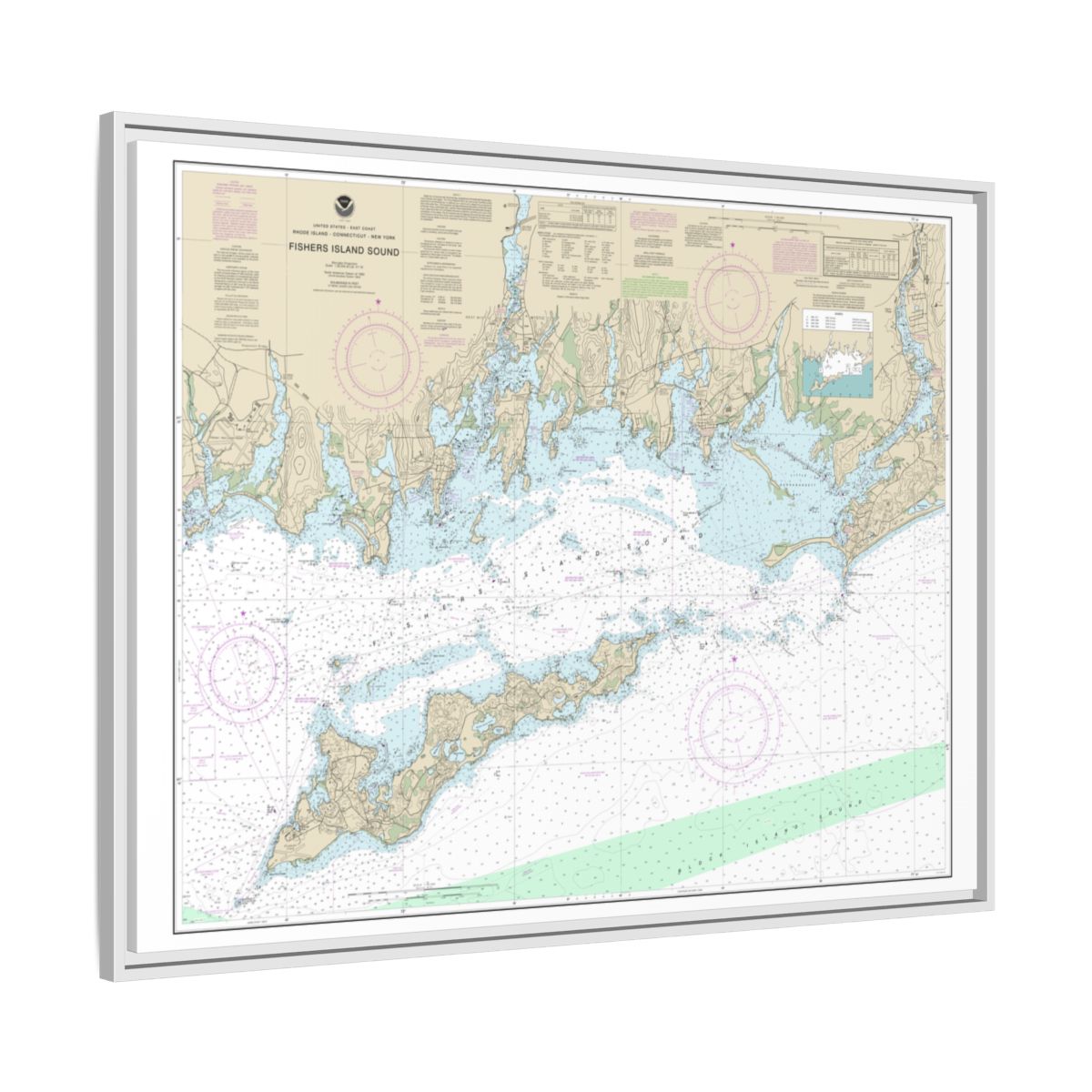Chart 13214 Fishers Island Sound - NOAA Nautical Chart Floating Frame Canvas | 32" x 24" | 40" x 30" - White side
