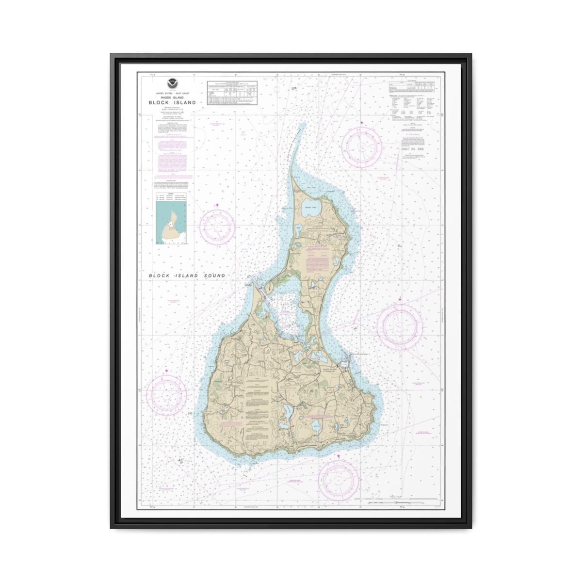 Chart 13217 Block Island - NOAA Nautical Chart Floating Frame Canvas | 24" x 32" | 30" x 40" - Black front