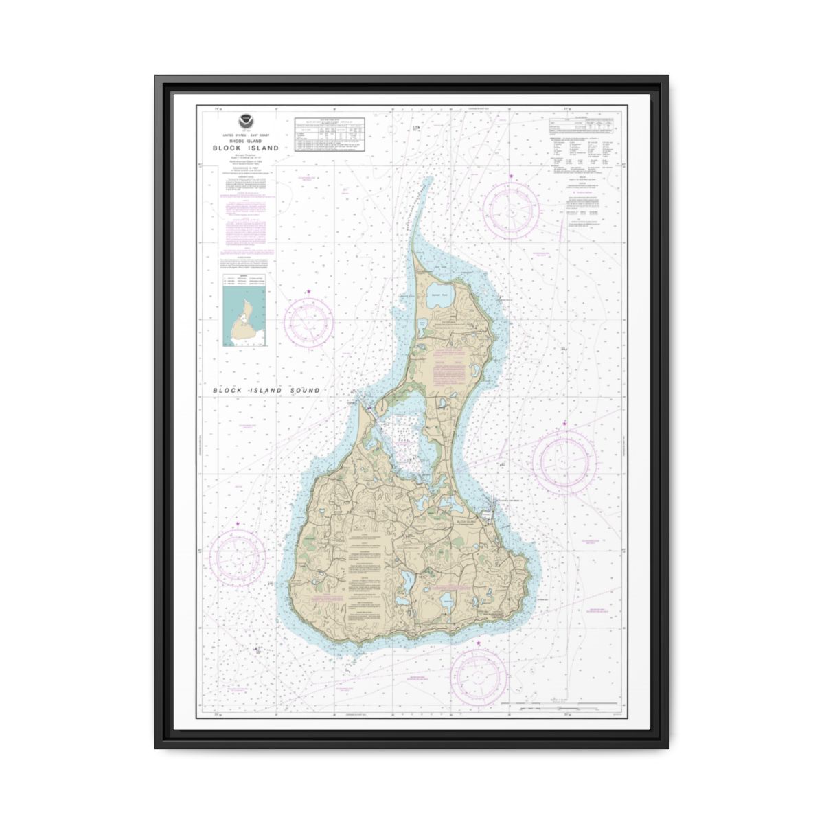Chart 13217 Block Island - NOAA Nautical Chart Floating Frame Canvas | 24" x 32" | 30" x 40" - Black front