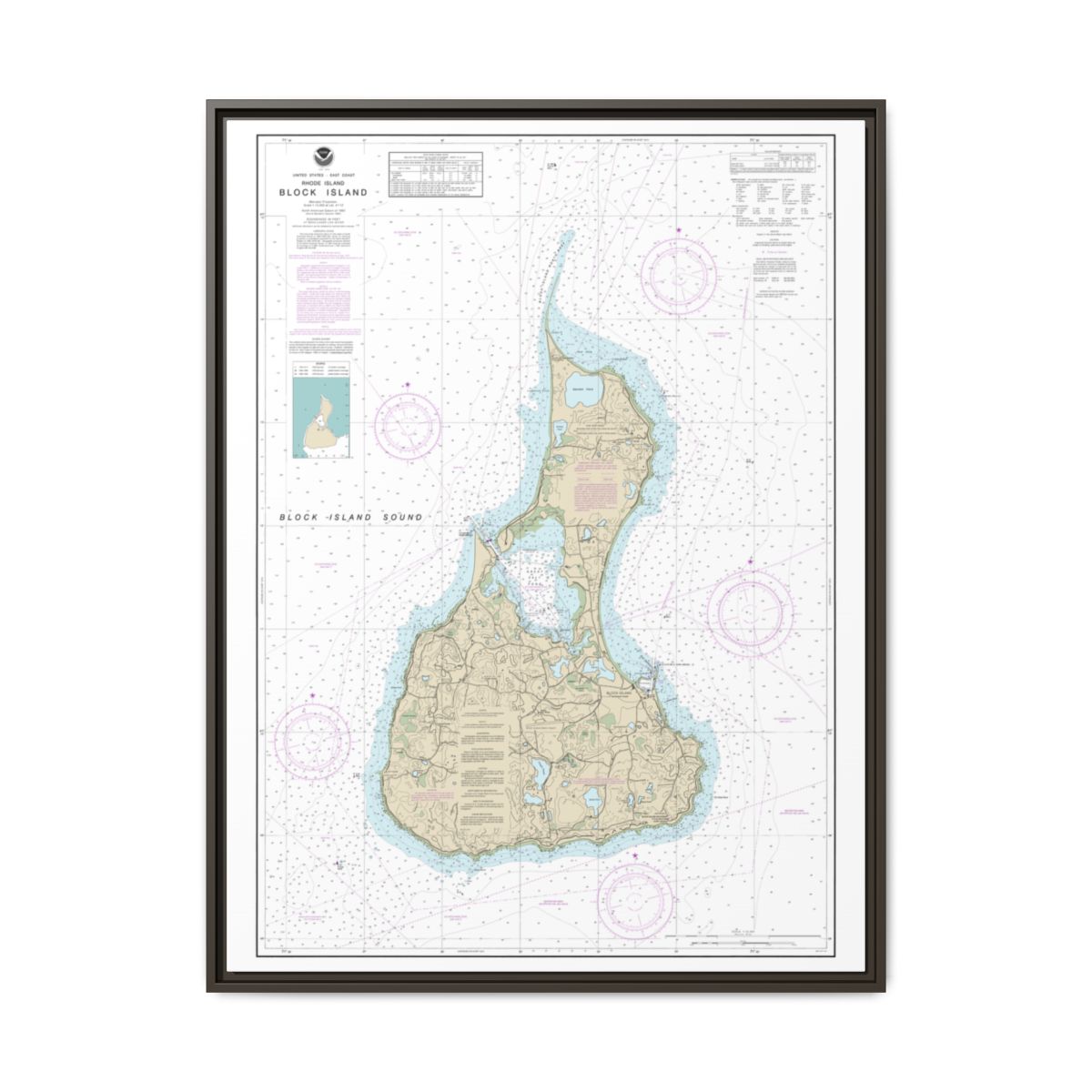 Chart 13217 Block Island - NOAA Nautical Chart Floating Frame Canvas | 24" x 32" | 30" x 40" - Espresso front
