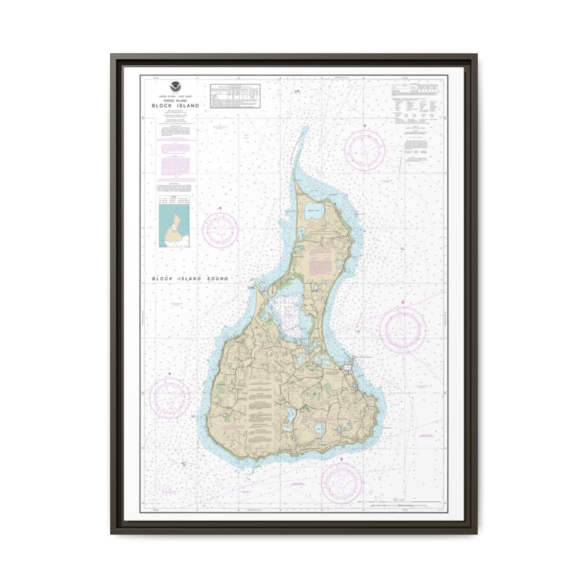Chart 13217 Block Island - NOAA Nautical Chart Floating Frame Canvas | 24" x 32" | 30" x 40" - Espresso front