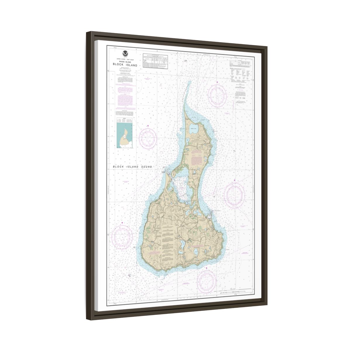 Chart 13217 Block Island - NOAA Nautical Chart Floating Frame Canvas | 24" x 32" | 30" x 40" - Espresso side