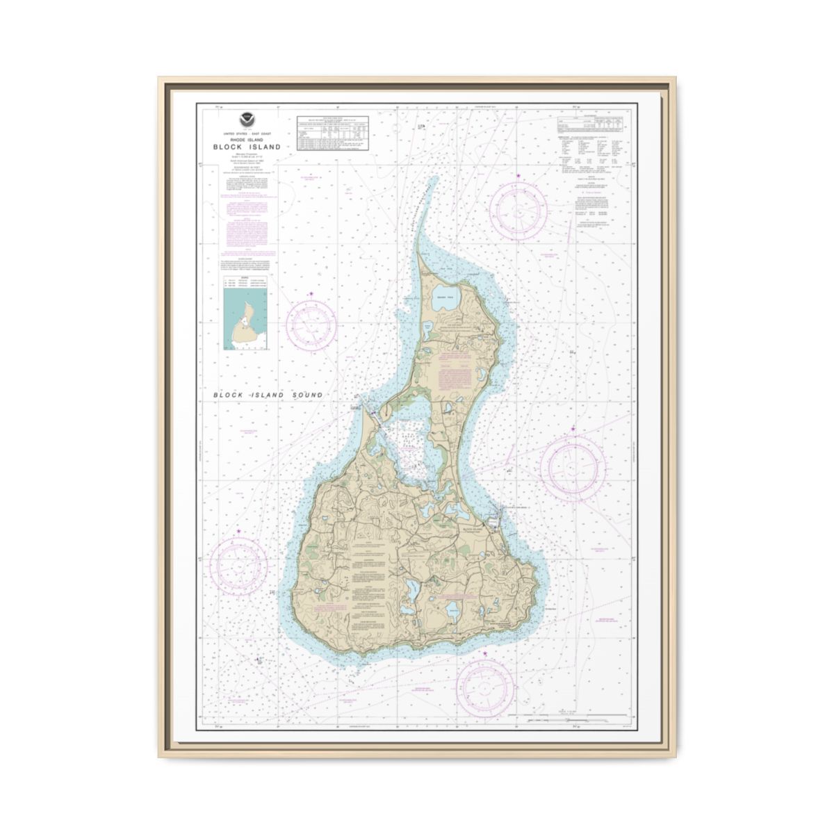 Chart 13217 Block Island - NOAA Nautical Chart Floating Frame Canvas | 24" x 32" | 30" x 40" - Natural front